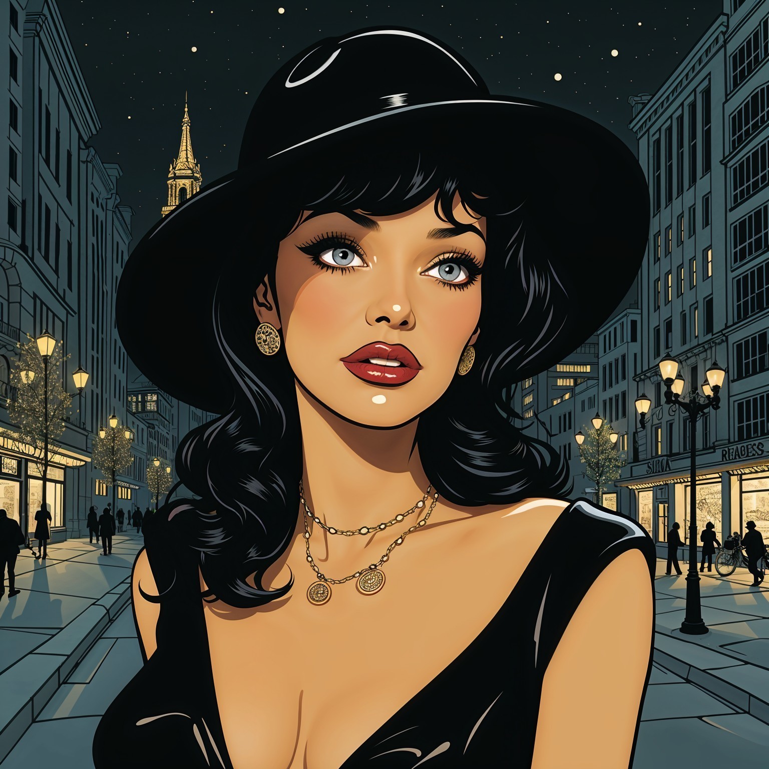 Glamorous Woman in Elegant Outfit on City Street at Night
