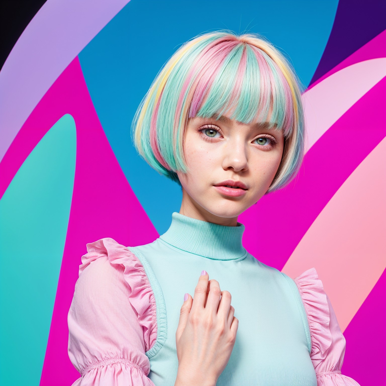 Young woman with pastel bob against abstract background