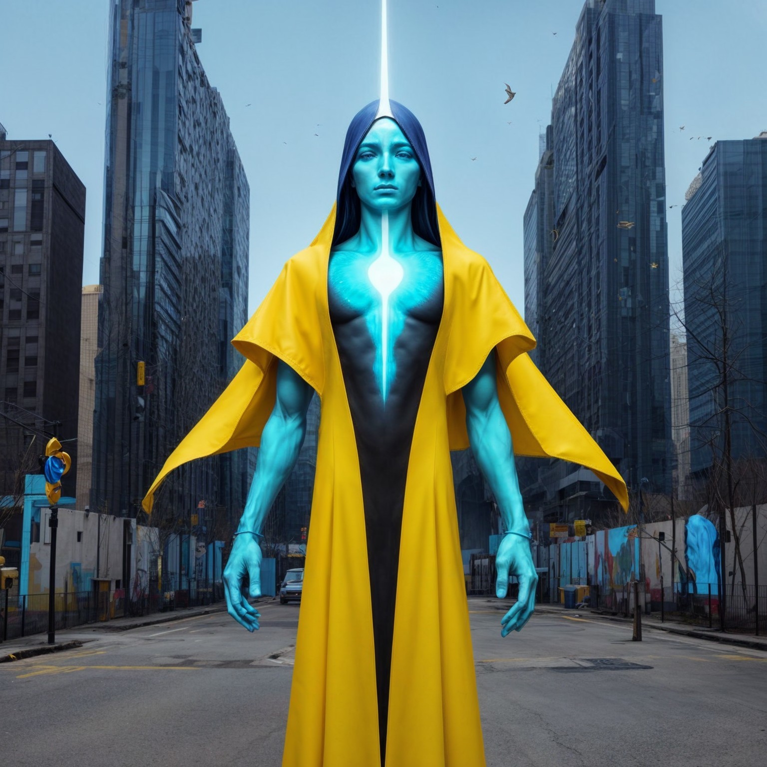 Futuristic Figure in Urban Setting with Bright Light