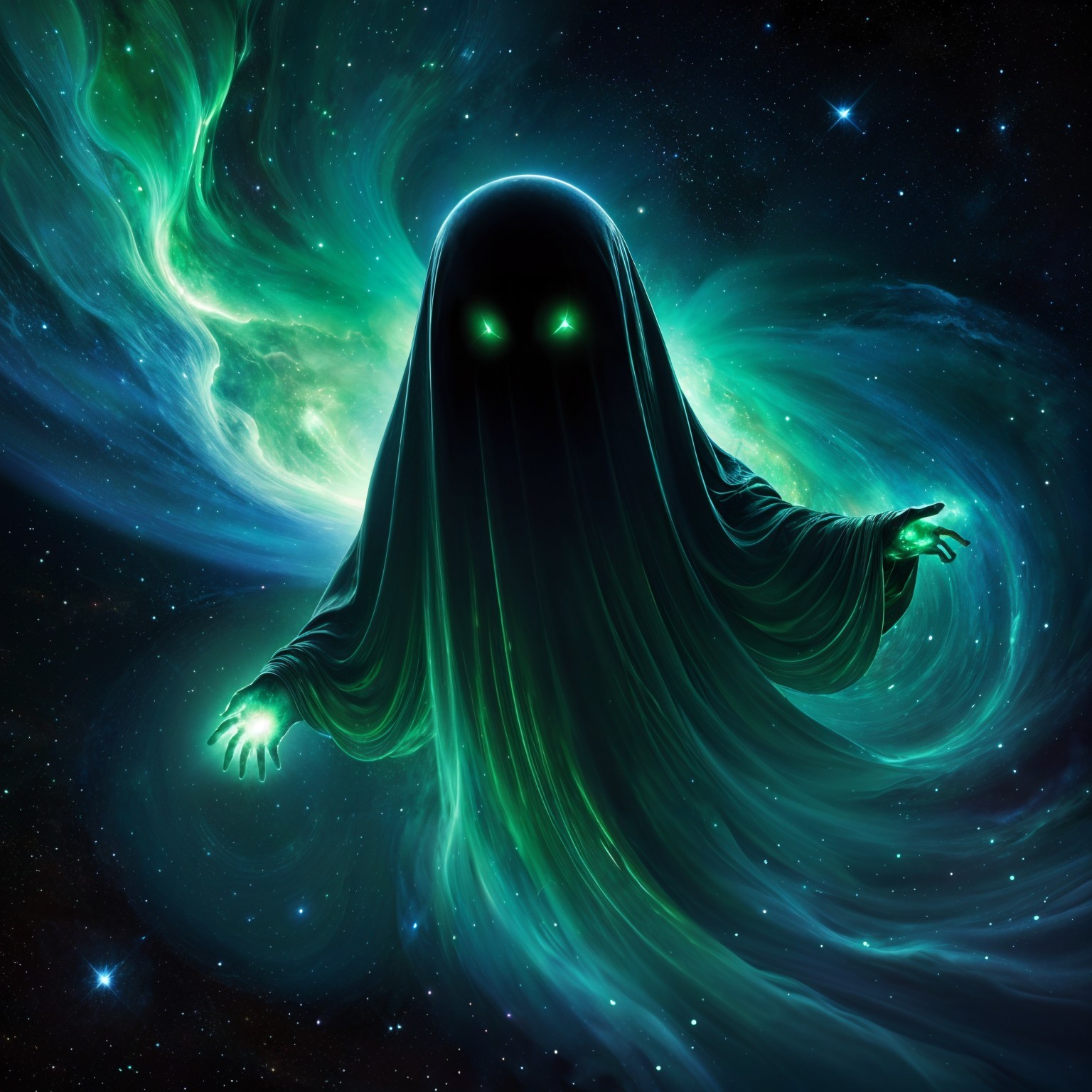 Mysterious Cloaked Figure Against Cosmic Nebulae