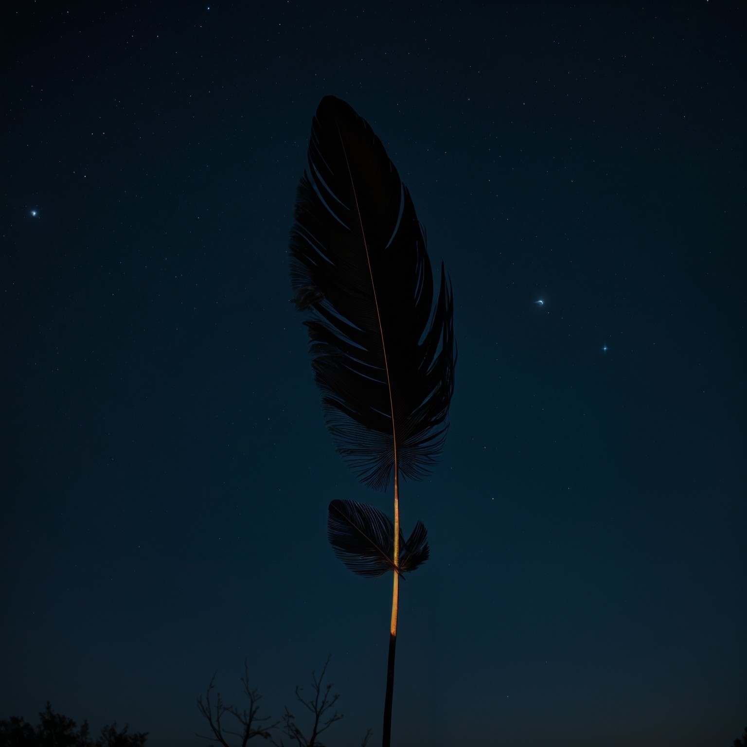 Feather Silhouette Against Starry Night Sky