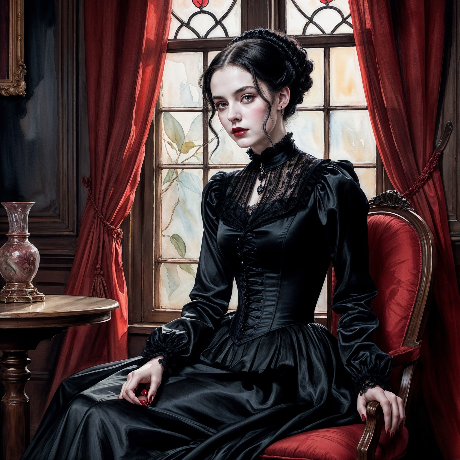 Young Woman in Black Victorian Gown in Elegant Room