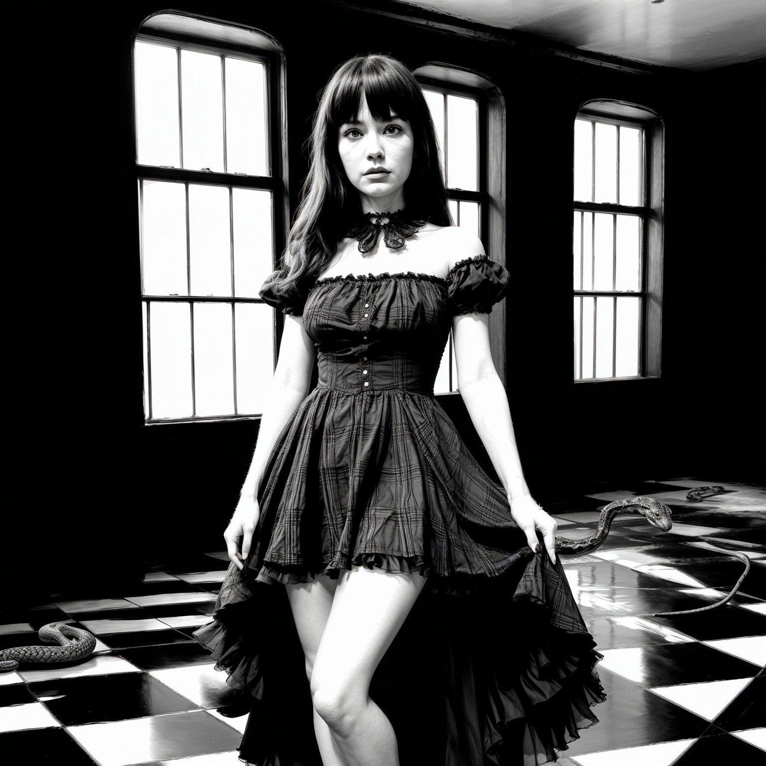 Woman in Vintage Black Dress in Monochrome Room