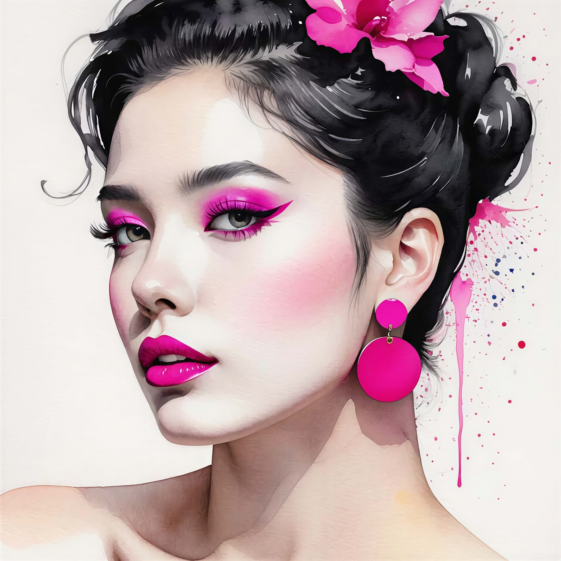 Watercolor Portrait of a Woman with Fuchsia Accents