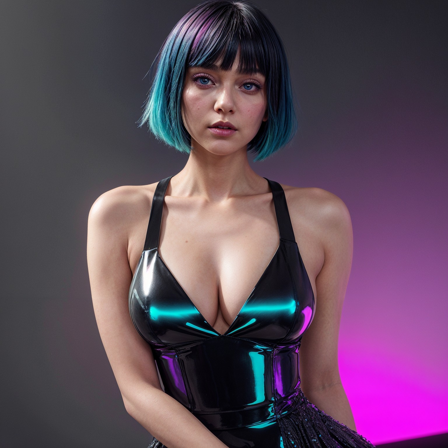 Model in Black Latex Outfit with Teal Bob Hairstyle