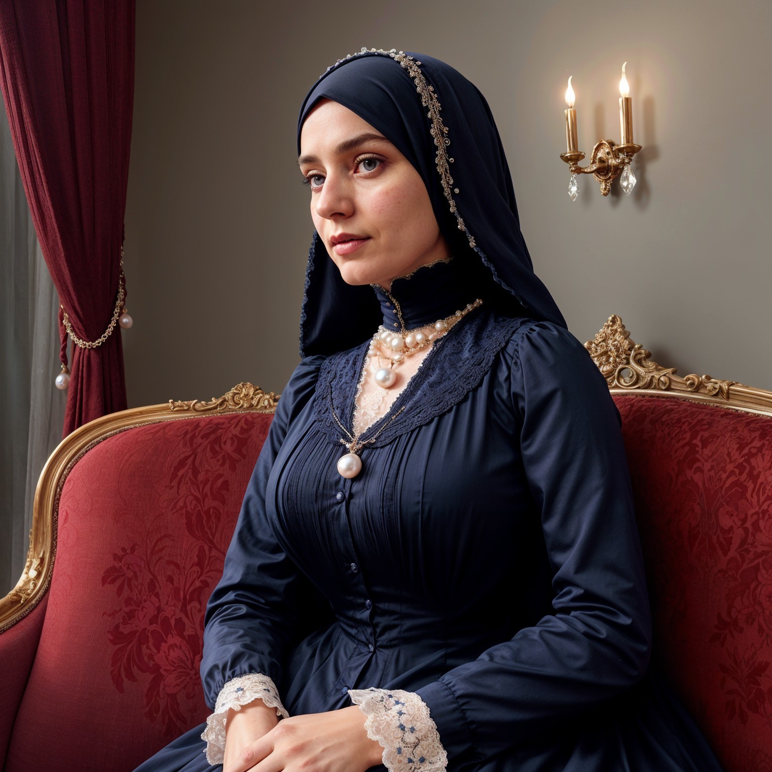 Elegant Woman in Dark Blue Dress on Red Sofa