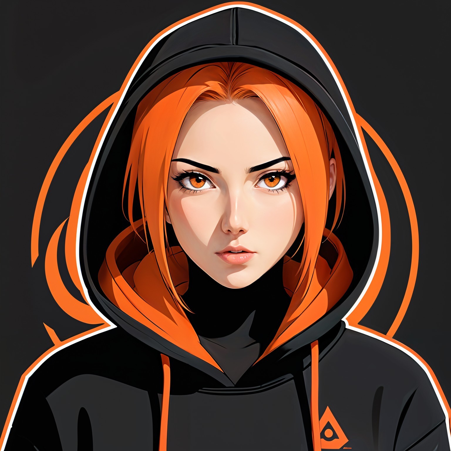 Young woman with orange hair and striking eyes in hoodie