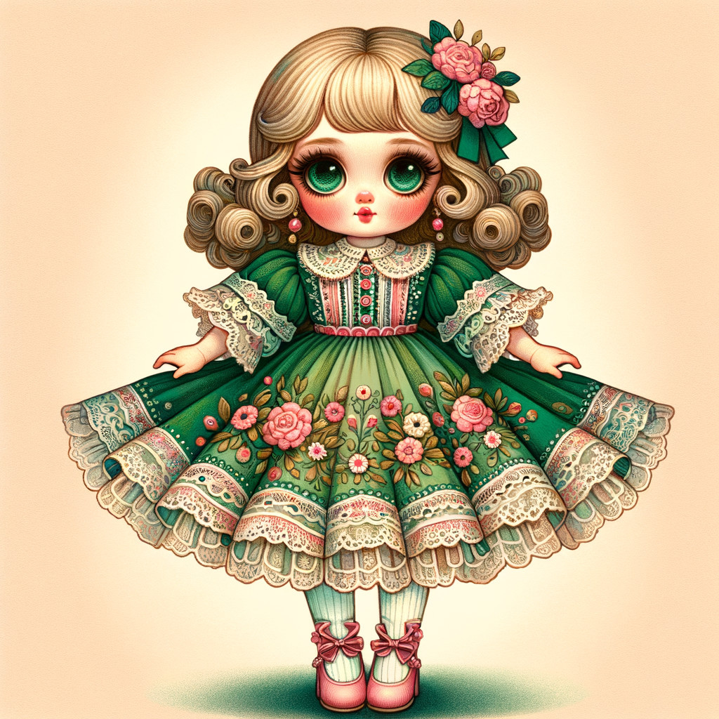 Vintage Doll with Floral Dress and Expressive Eyes