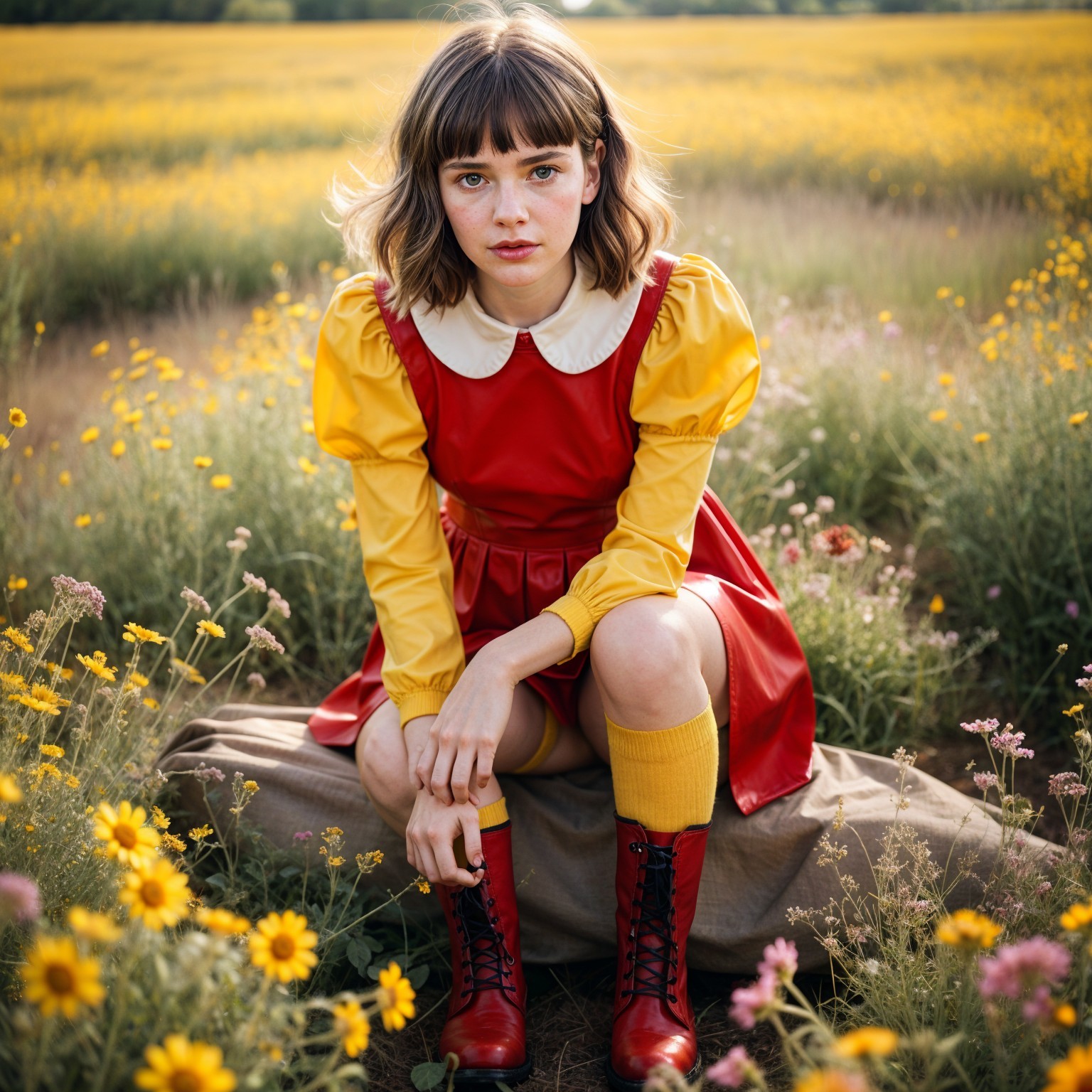 Young Girl in Red Dress Surrounded by Wildflowers