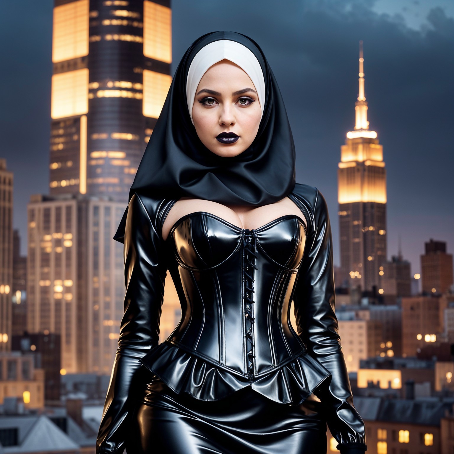 Confident Figure in Black Latex Against City Skyline