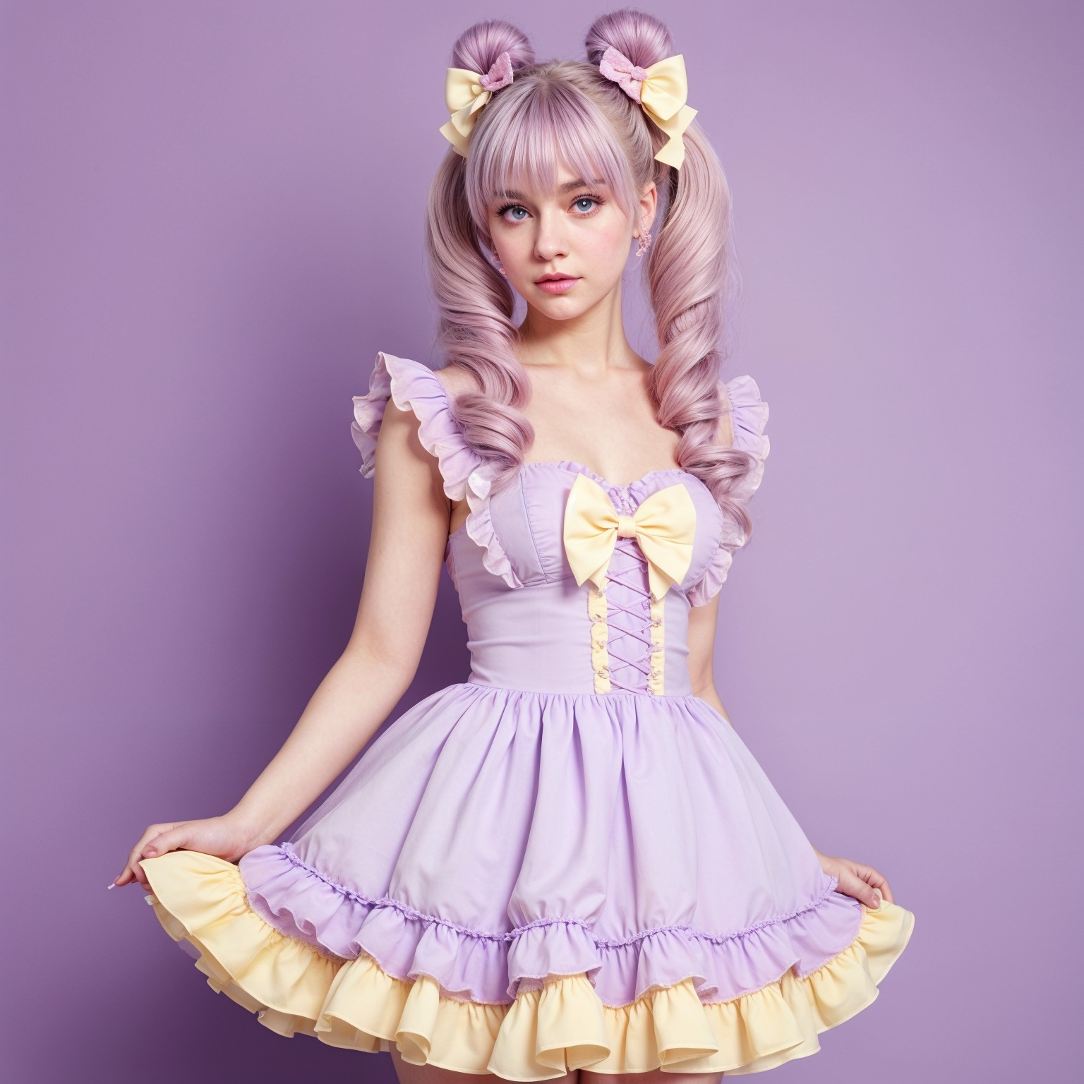 Young Woman in Pastel Dress with Lavender Hair