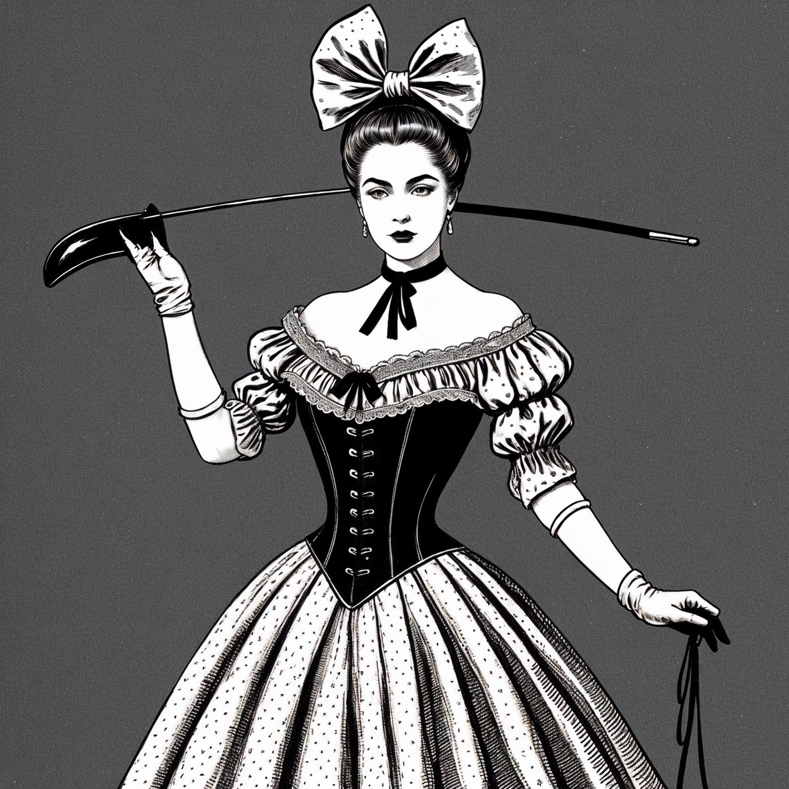 Elegant woman in vintage polka dot gown with cane