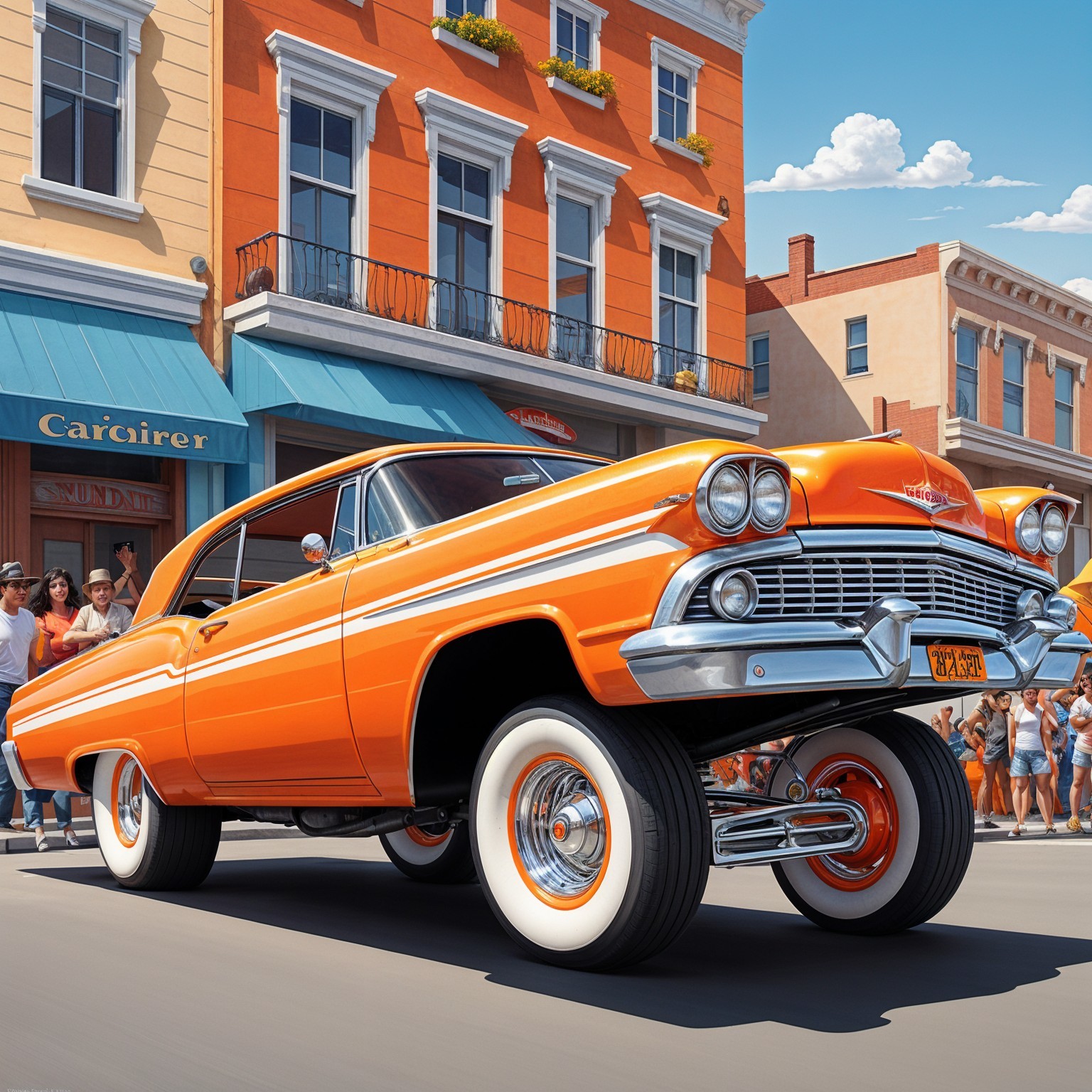 Vibrant Orange Classic Car on Lively Urban Street