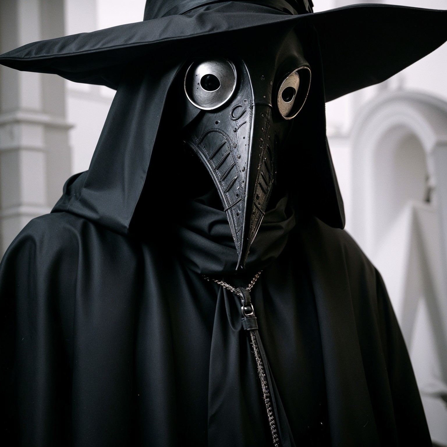 Cloaked Figure with Plague Doctor Mask in Minimalist Setting