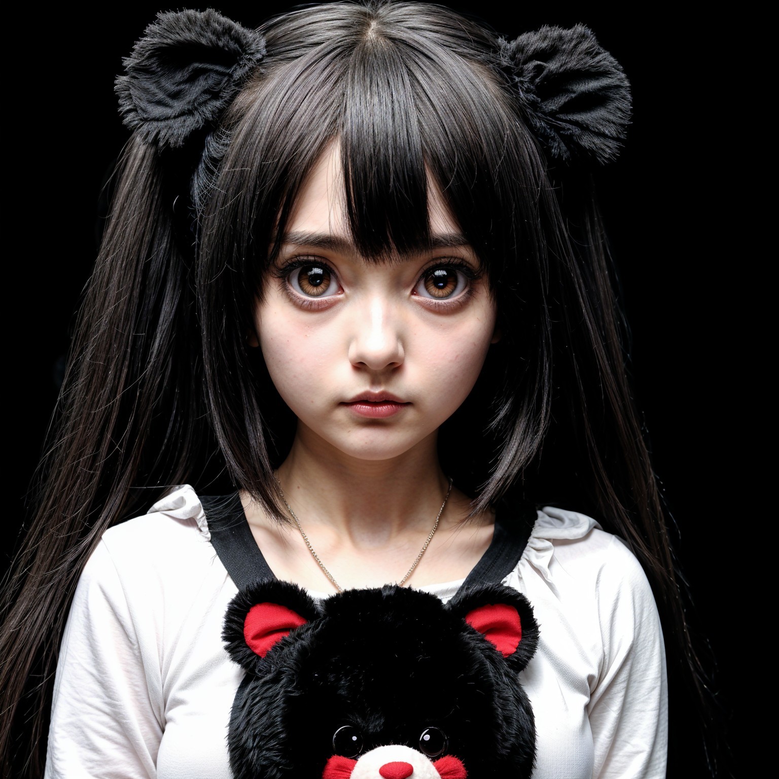 Young girl with pigtails and plush bear on black background