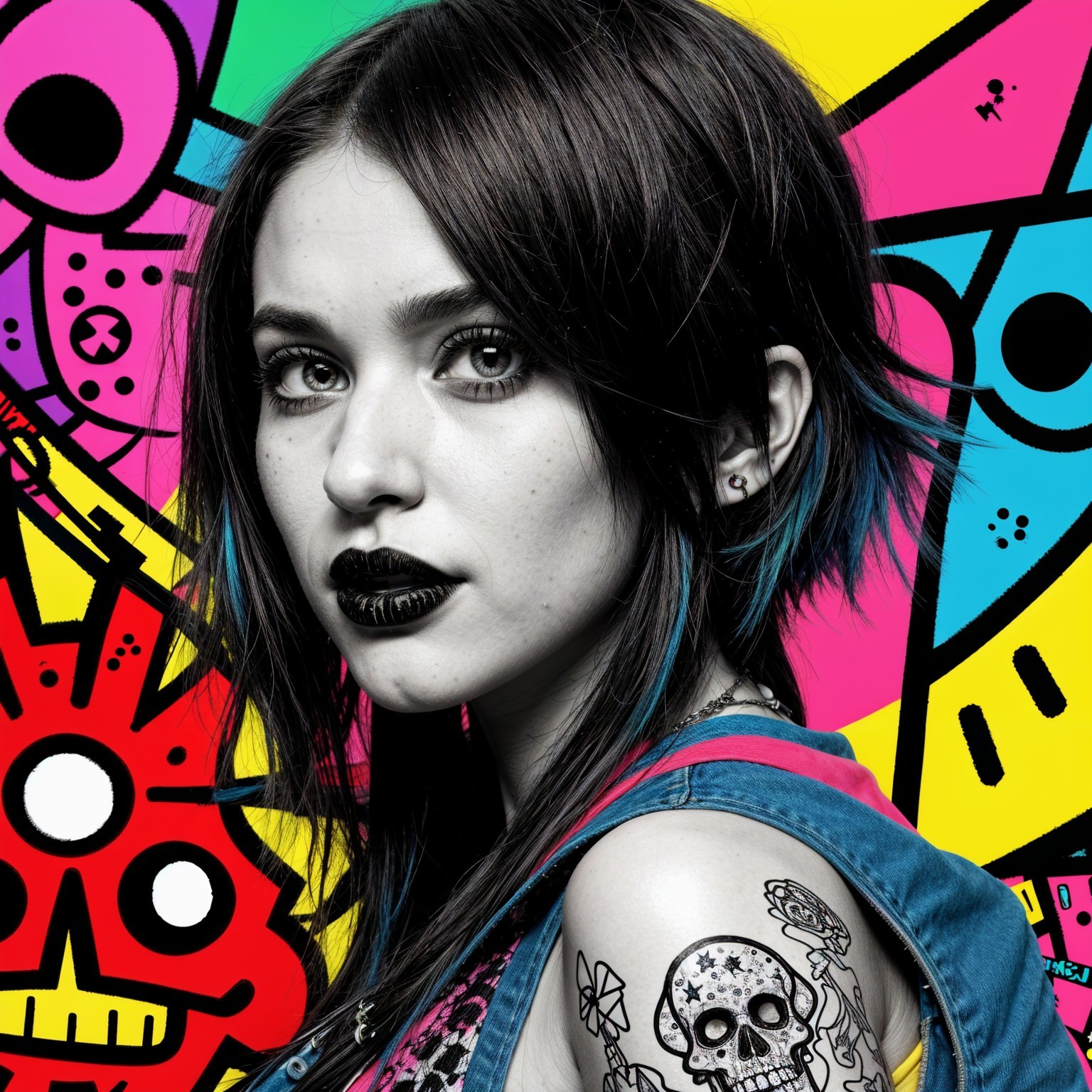 Portrait of a Young Woman with Bold Makeup and Tattoos