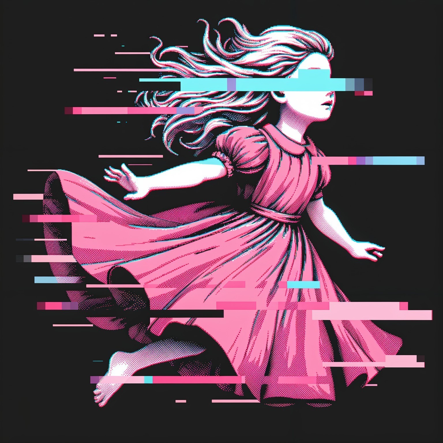 Surreal Scene of Girl in Pink Dress with Glitches