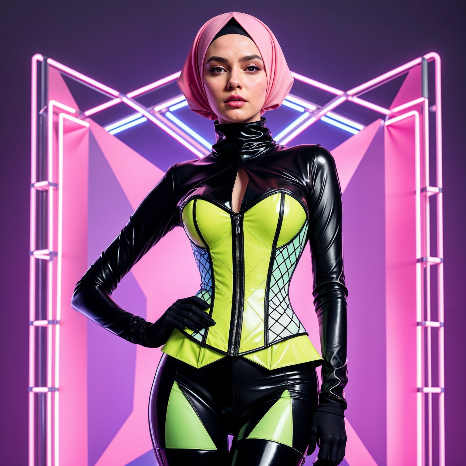 Futuristic Outfit with Glossy Black and Lime Green Elements