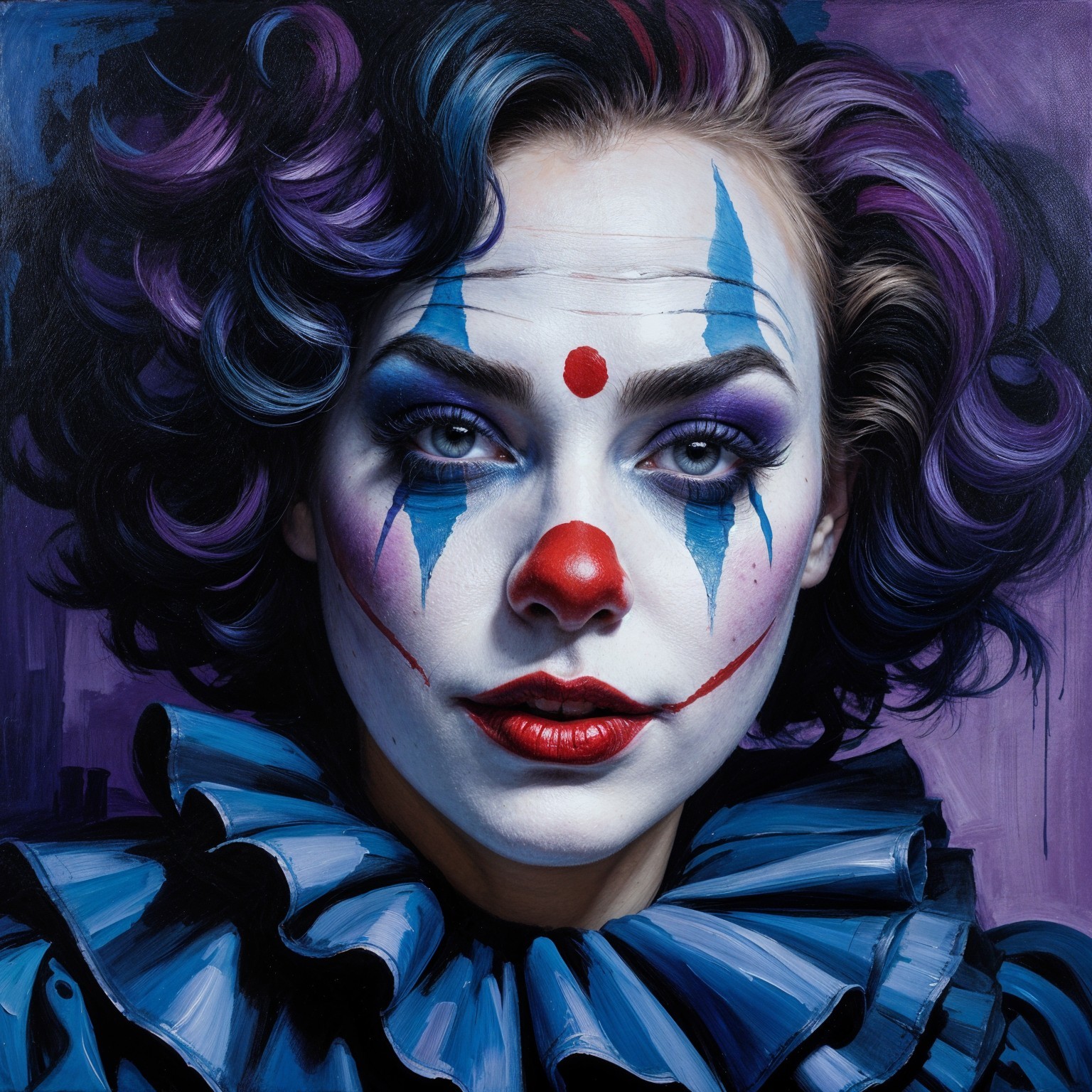 Vivid Clown Portrait with Dramatic Makeup and Colors