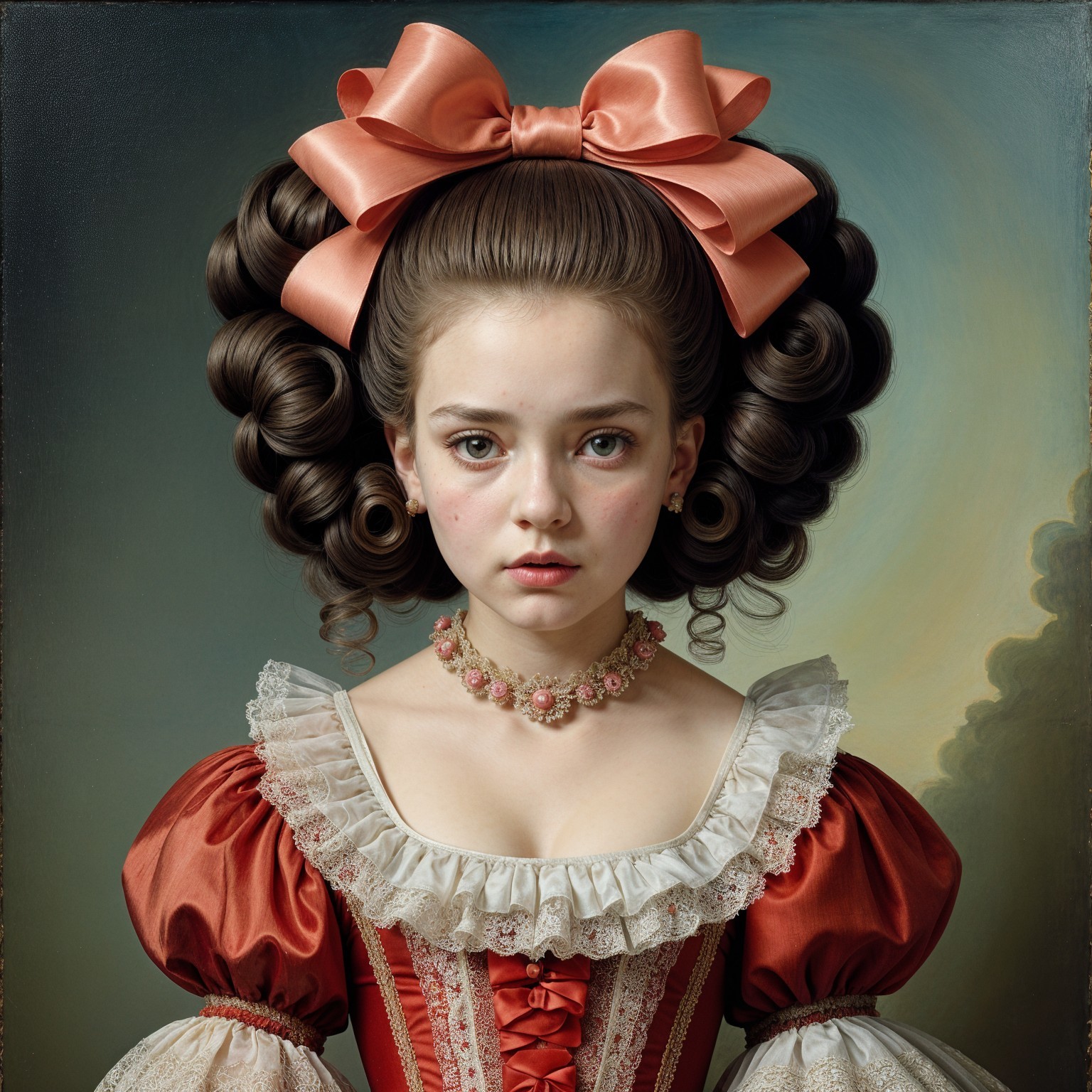 Vintage Portrait of a Girl in Red Gown with Bow