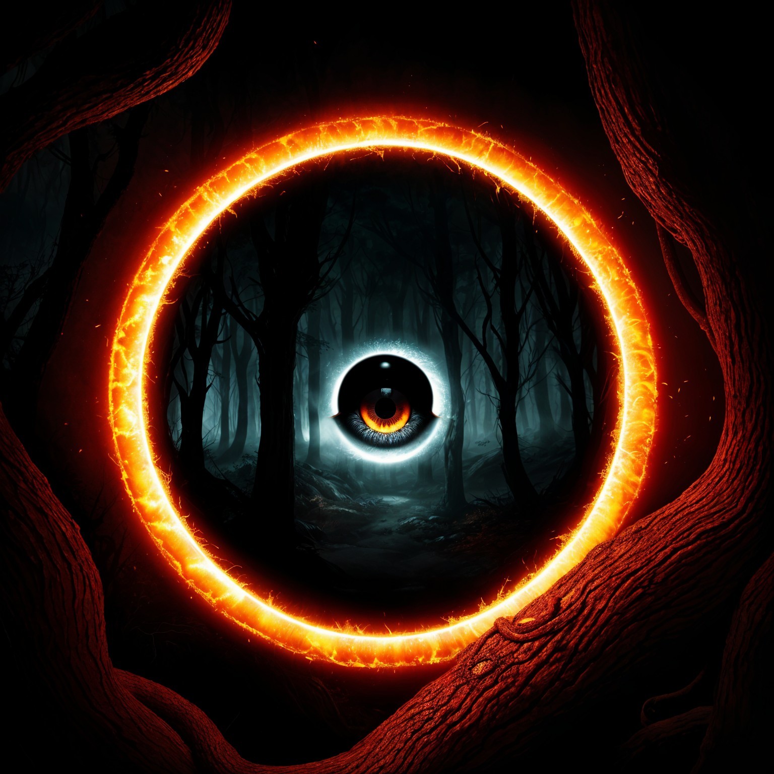 Surreal Dark Forest with Glowing Eye and Shadows