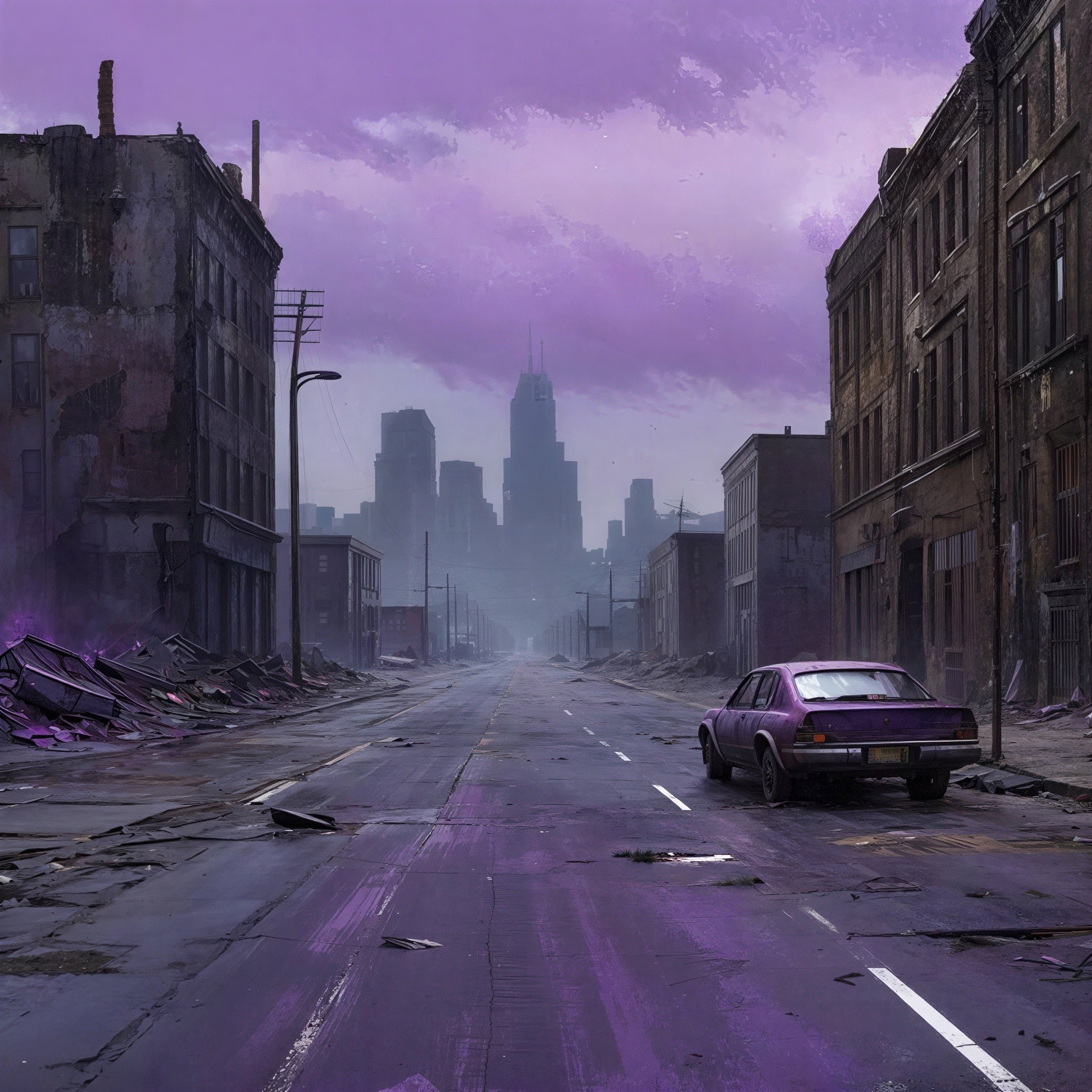 Desolate Street Scene with Abandoned Car and Ruins