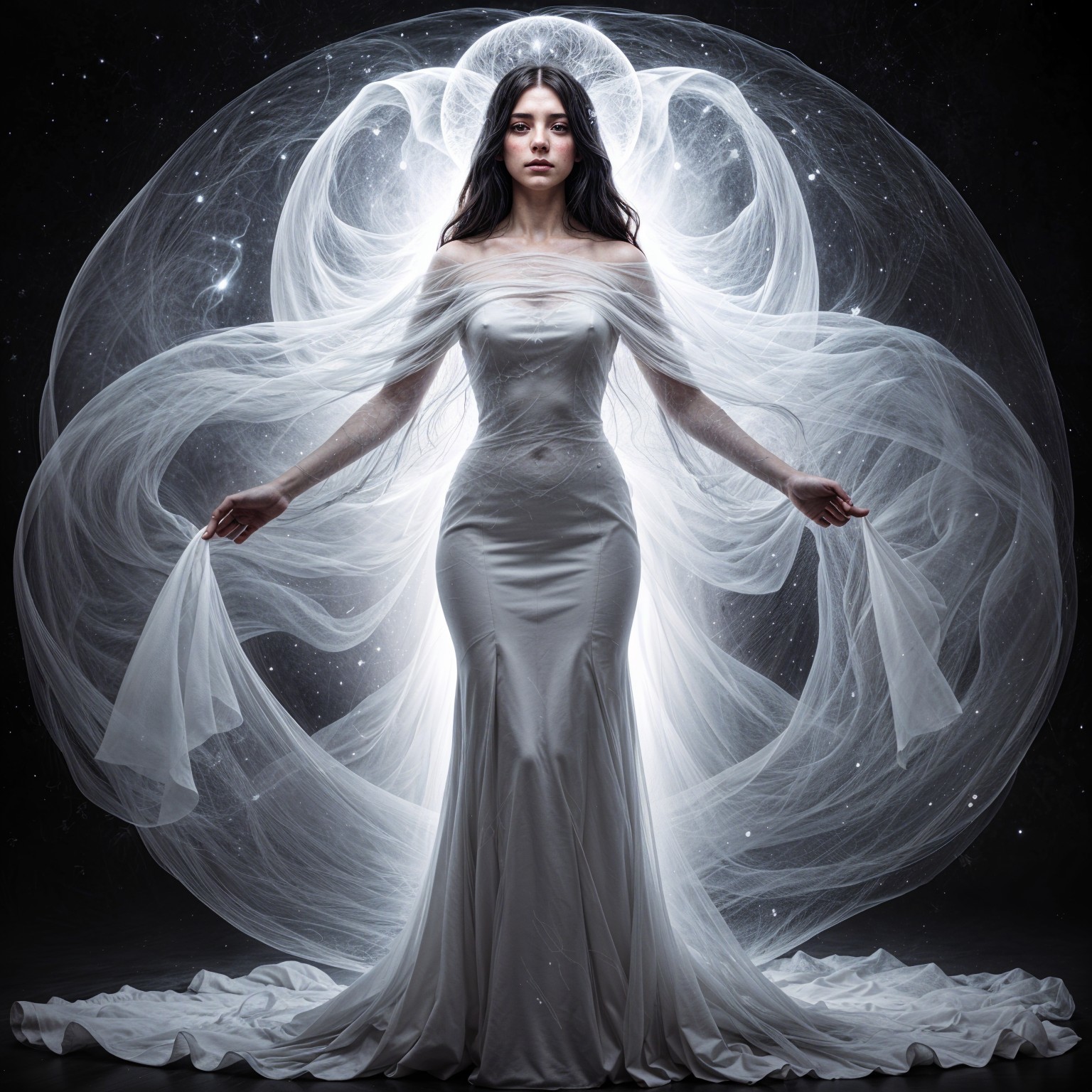 Luminous Figure in White Gown Against Cosmic Backdrop