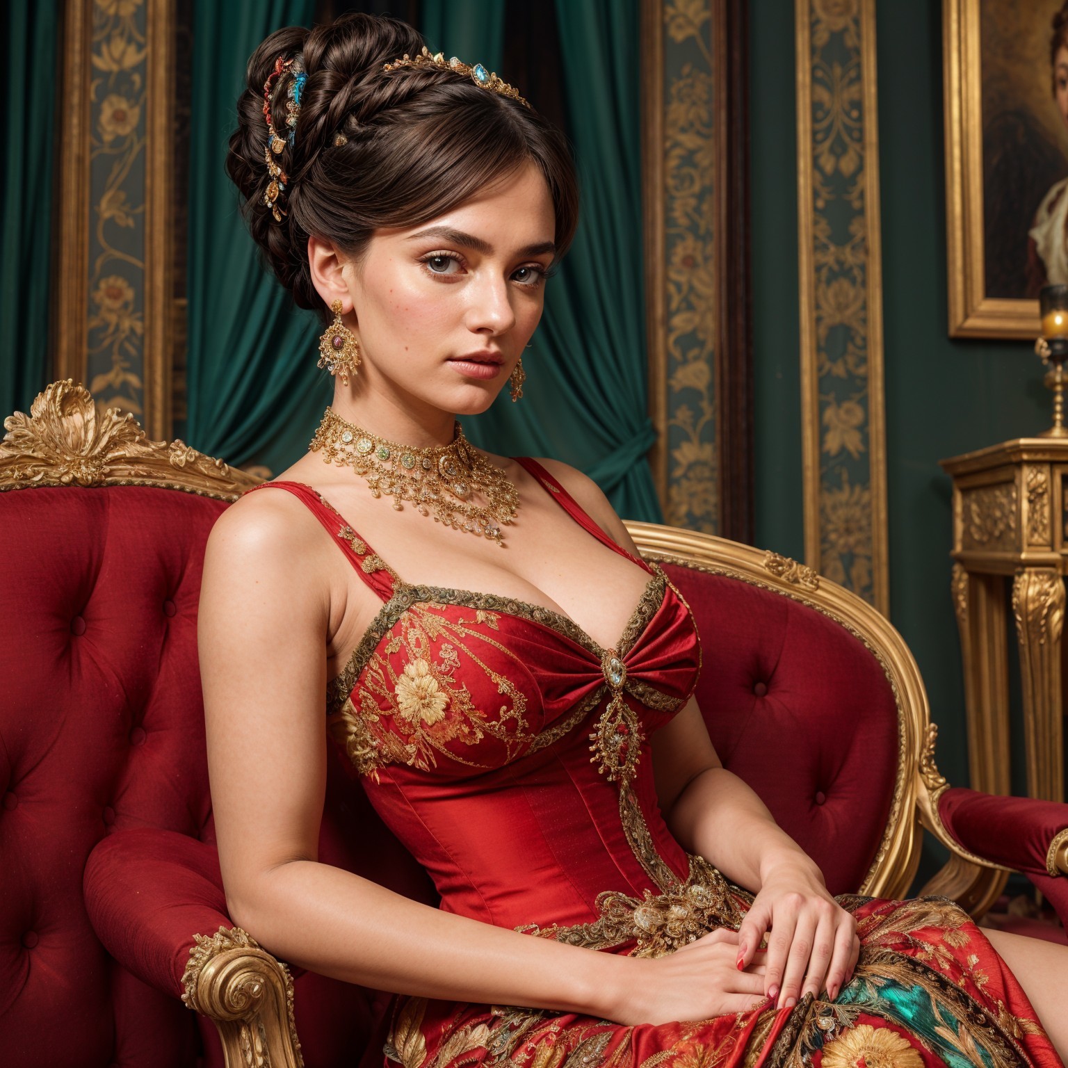 Young woman in red dress on ornate velvet chair
