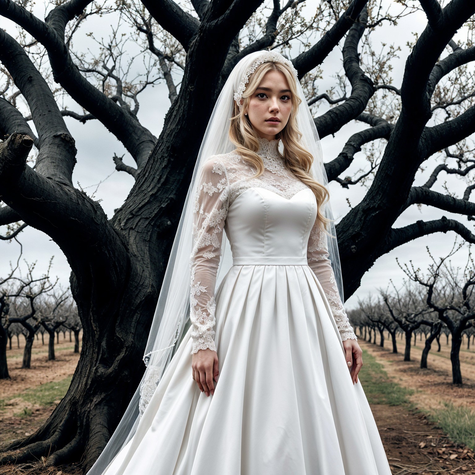 Elegant Bride in White Gown Amidst Leafless Orchard