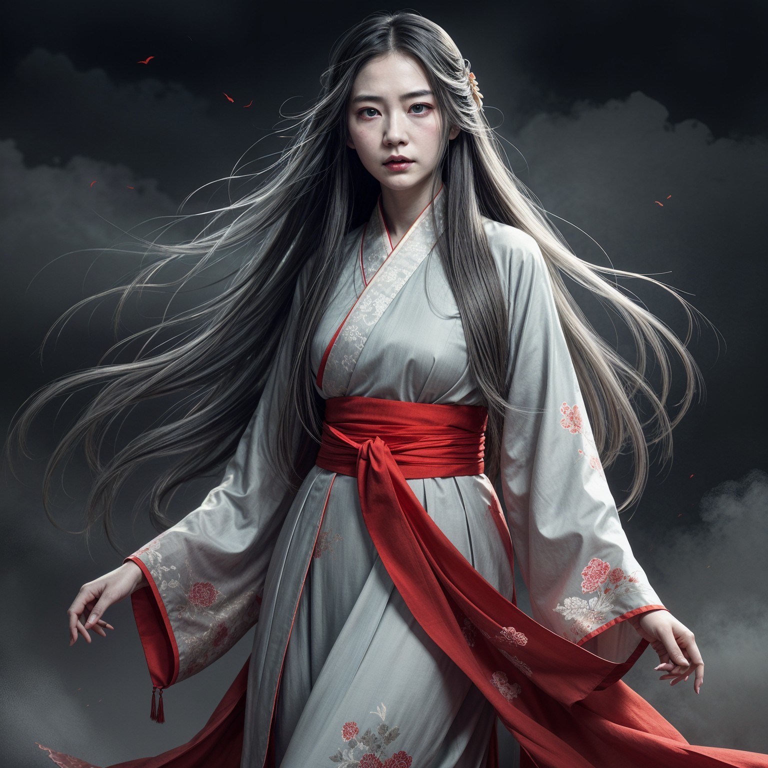 Elegant Figure in Pale Gray Kimono Against Dark Backdrop