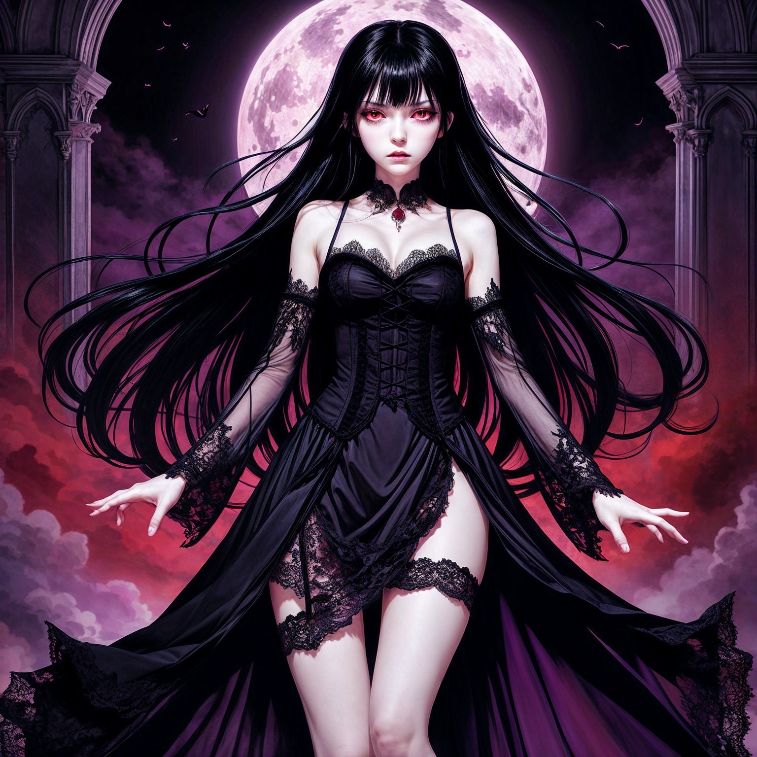Ethereal Woman in Dark Setting Under Full Moon