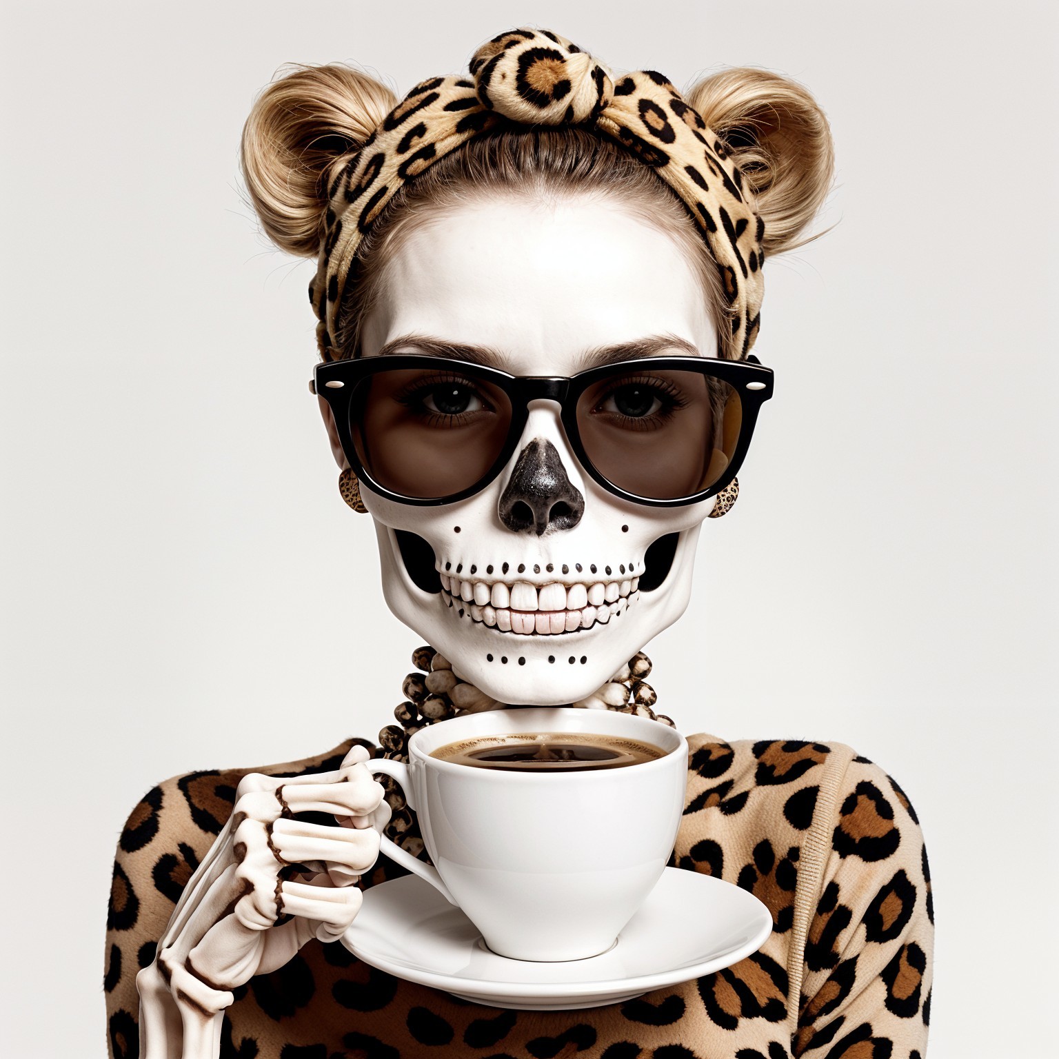 Stylish Skeleton Figure with Coffee and Leopard Print Outfit