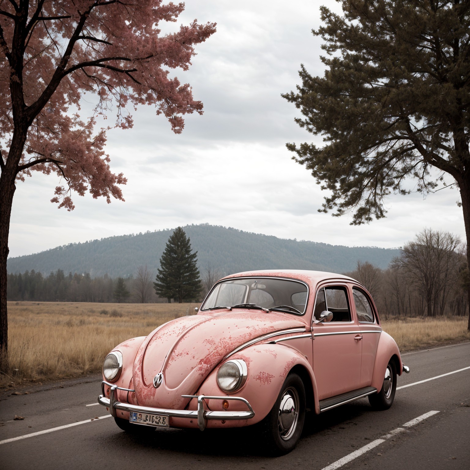 Vintage Pink Volkswagen Beetle in Serene Landscape