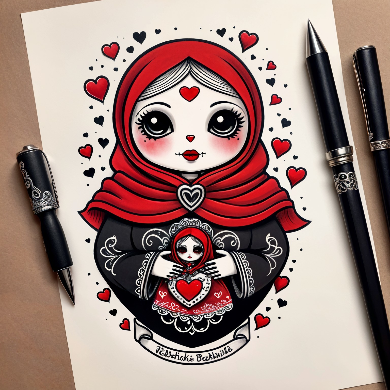 Whimsical Illustration of Doll-Like Figure with Hearts