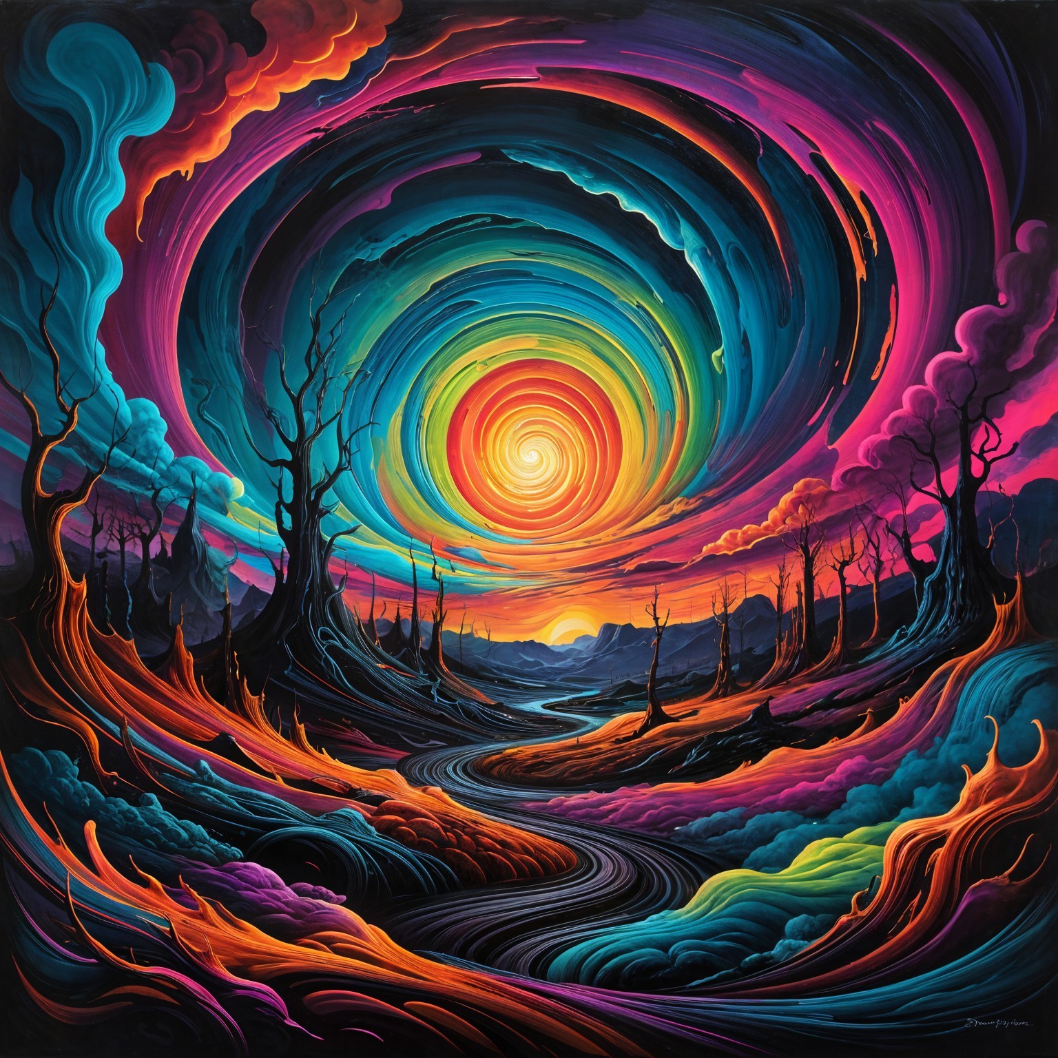 Surreal Landscape with Swirling Colors and Vortex