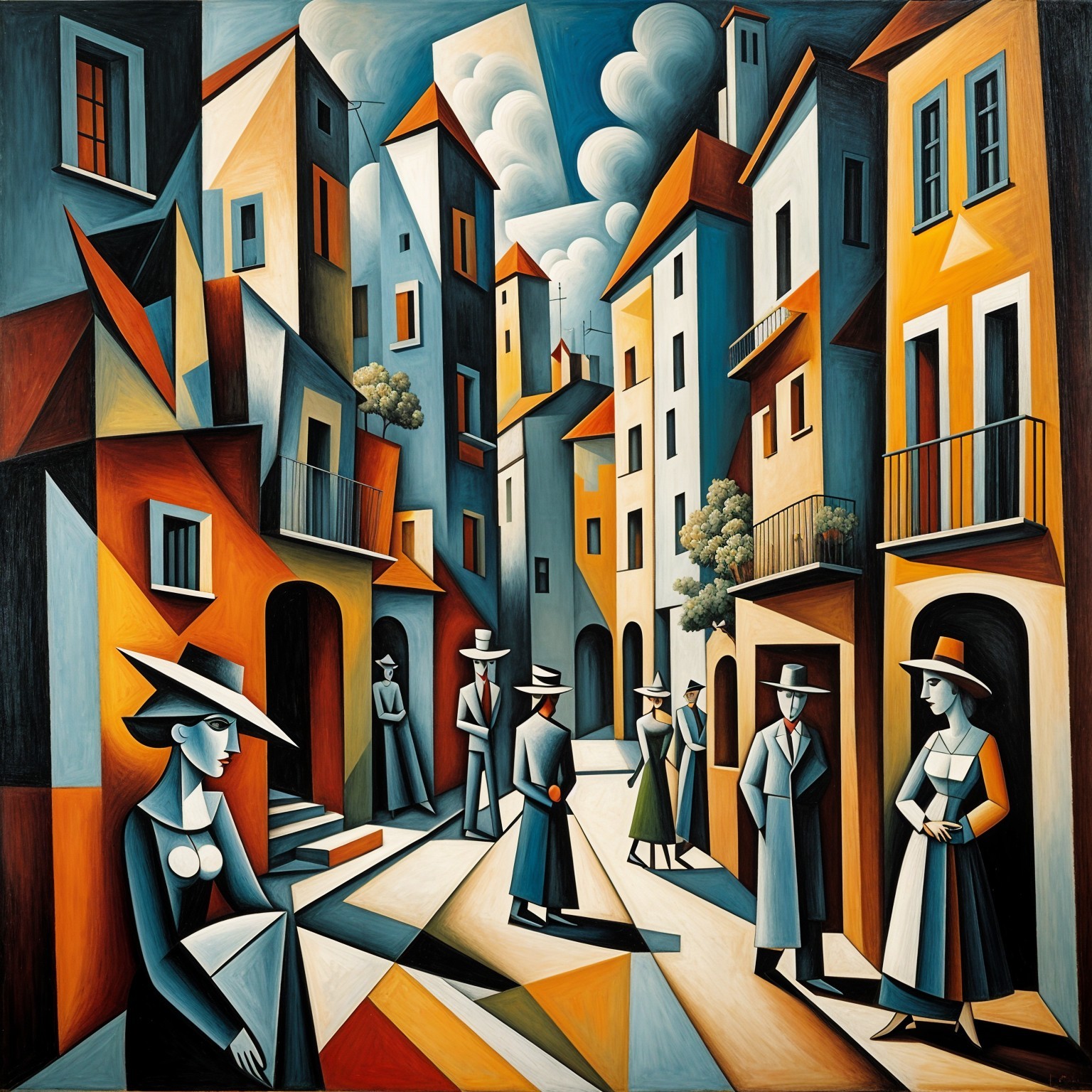 Cubist Urban Scene with Geometric Buildings and Figures