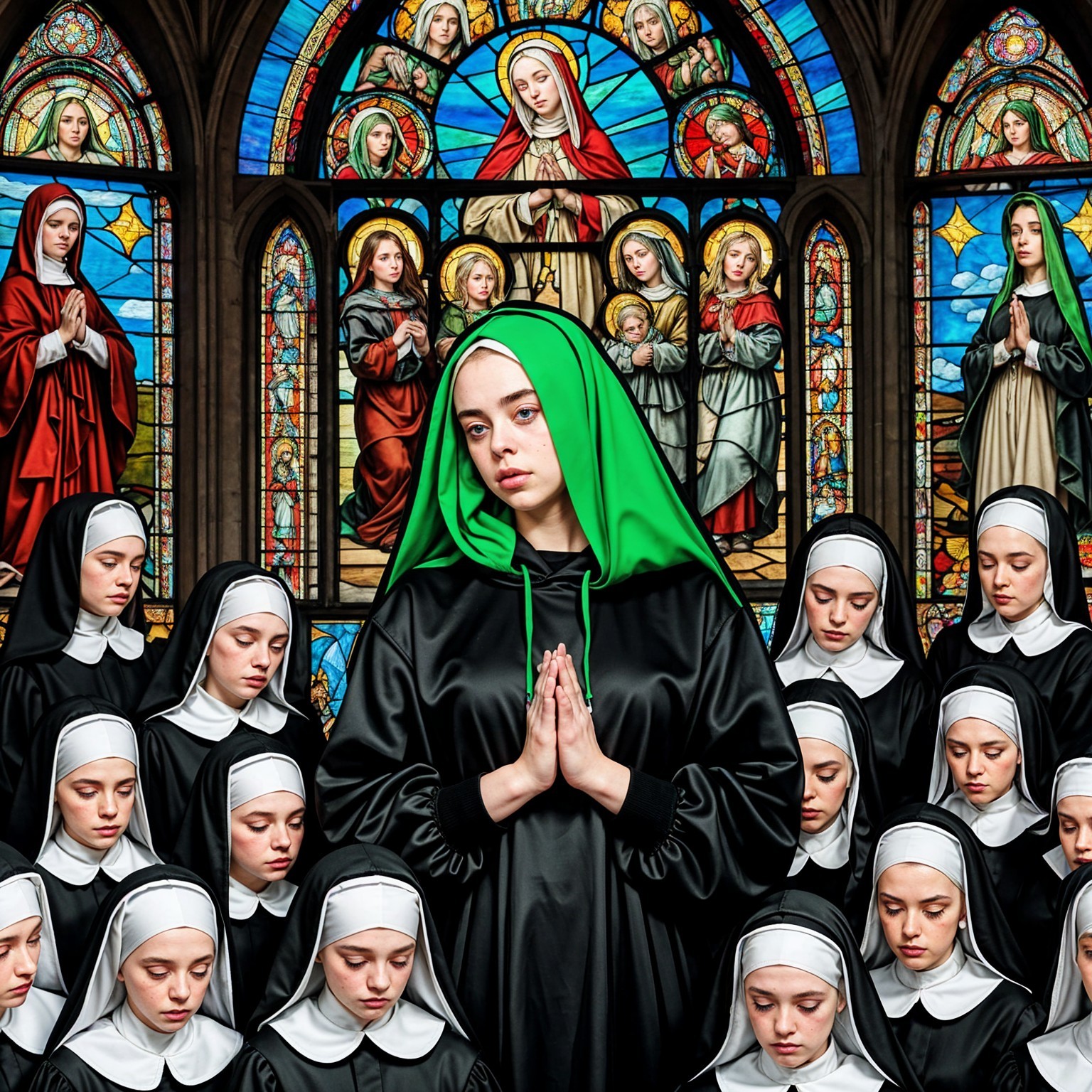 Nuns in Gothic Church with Stained Glass Windows