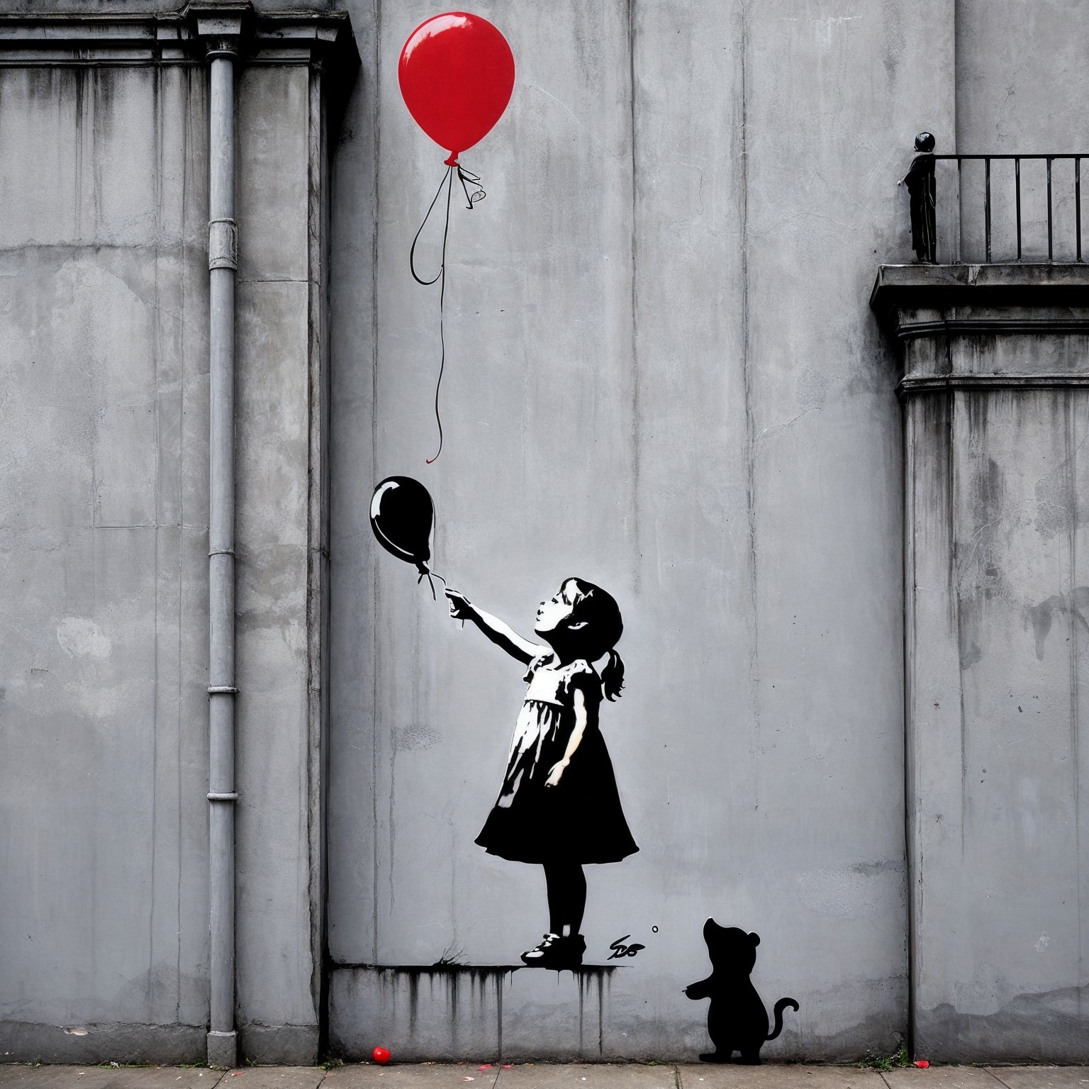 Mural of Girl Reaching for a Red Balloon with Cat