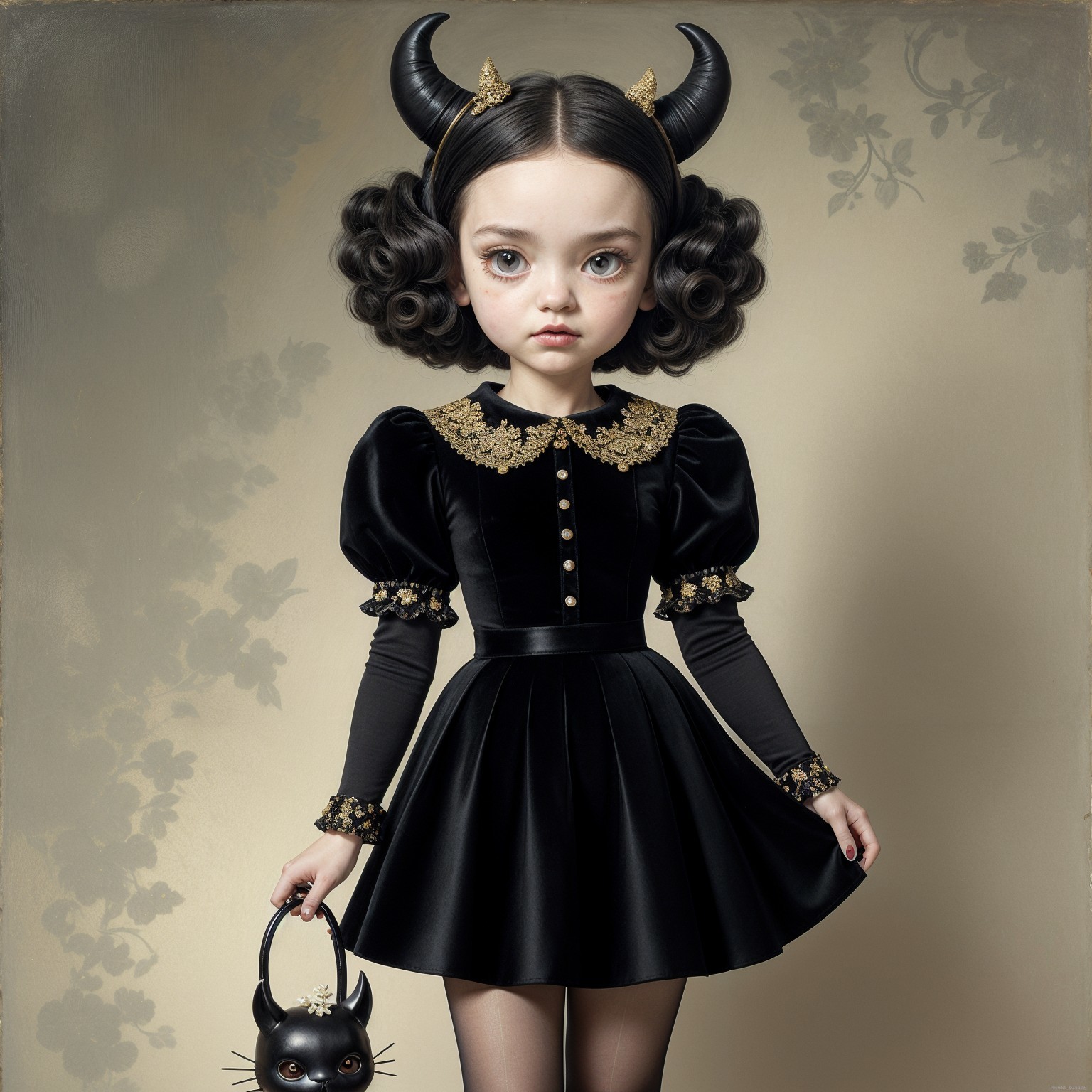 Elegant girl in dark dress with whimsical accessories