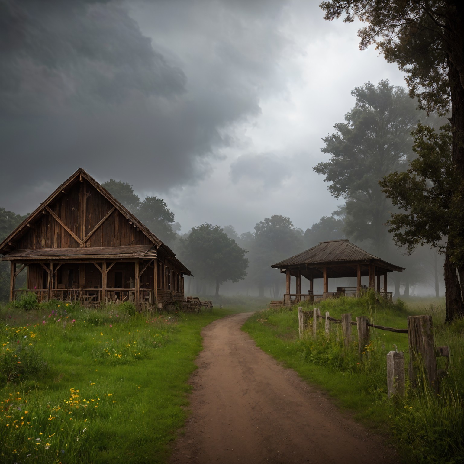 Rustic Wooden House on Misty Path with Gazebo