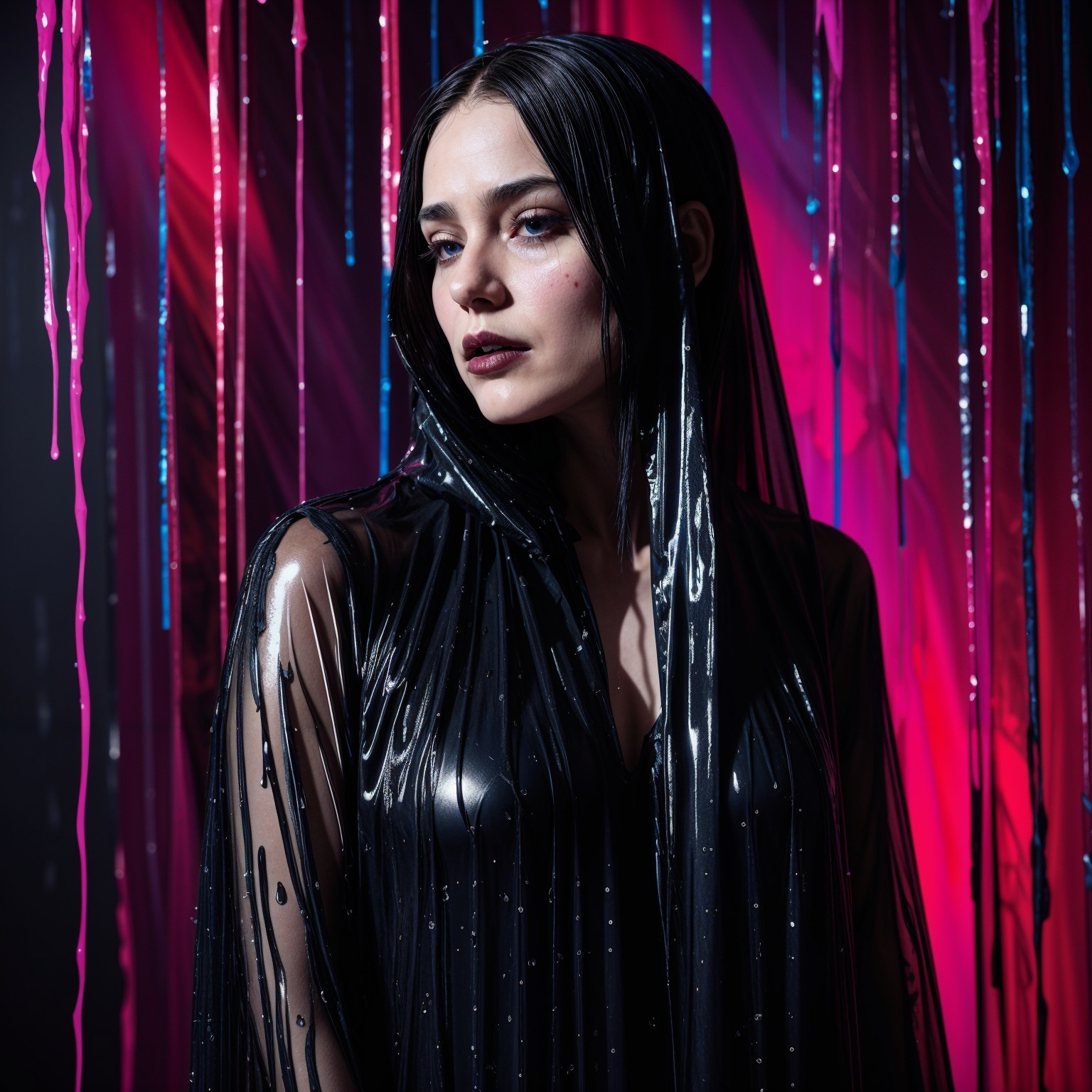 Striking figure in glossy black garment with vibrant backdrop