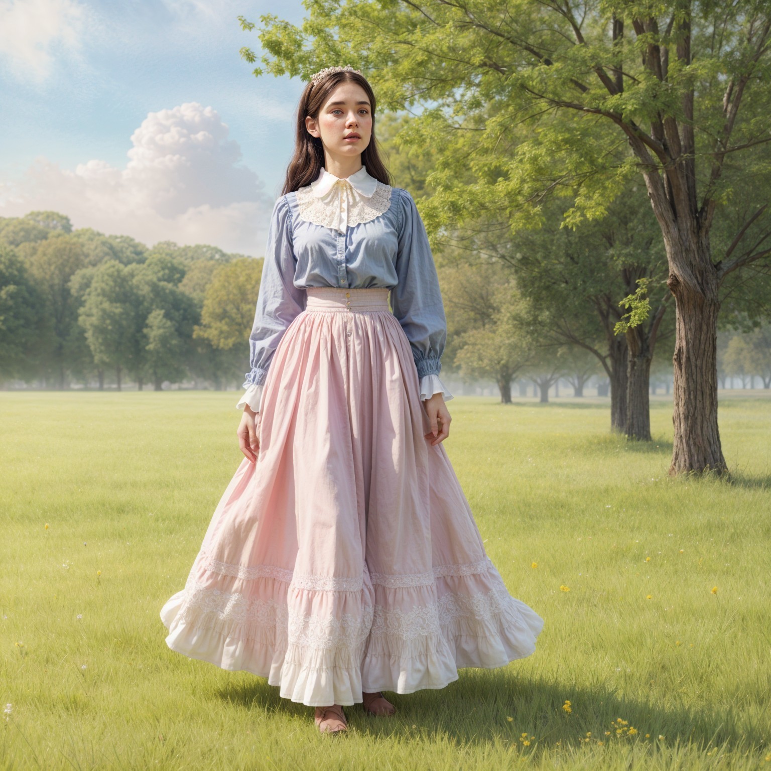 Young Woman in Vintage Outfit in Sunlit Field