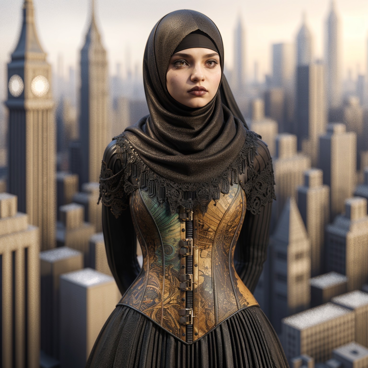 Young Woman in Corset Against City Skyline