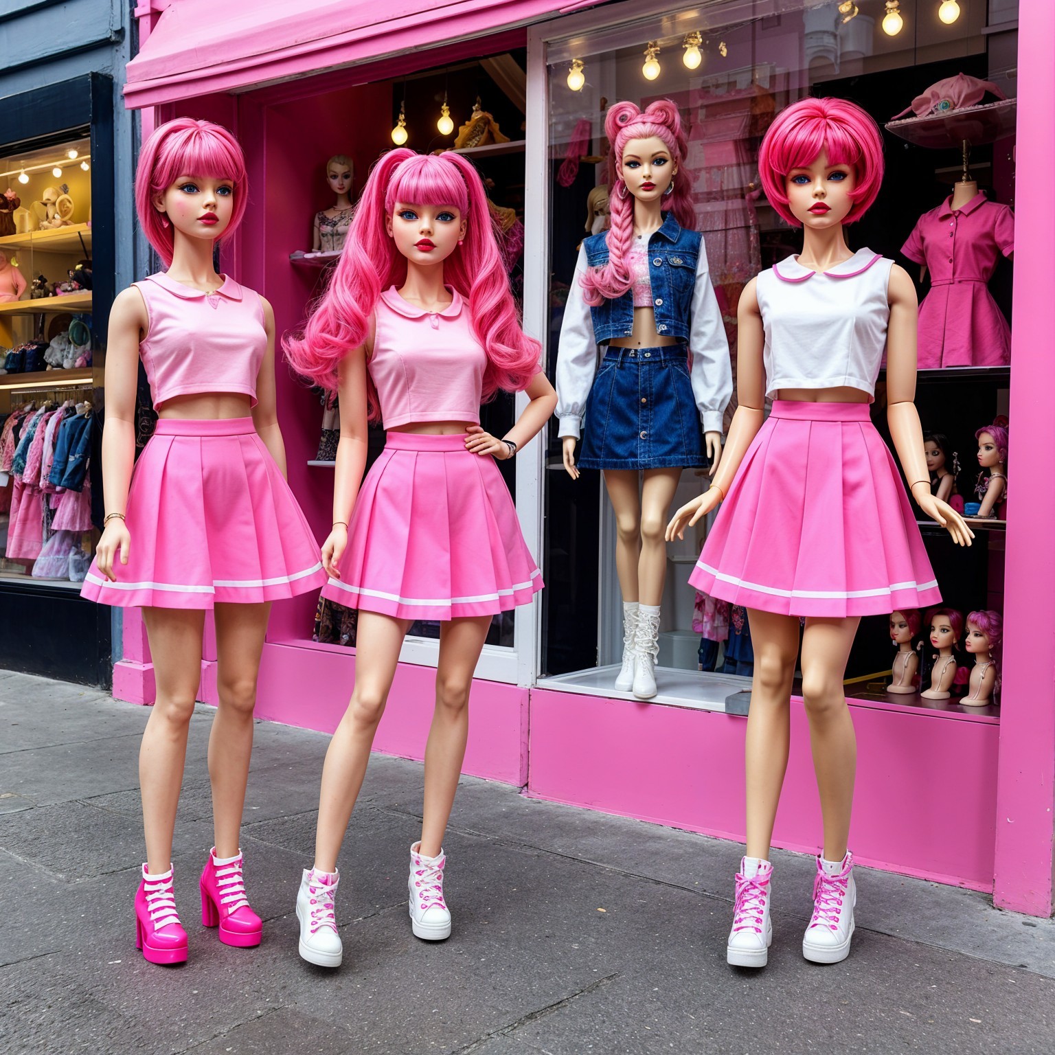 Four Mannequins in Coordinated Pink Outfits and Styles