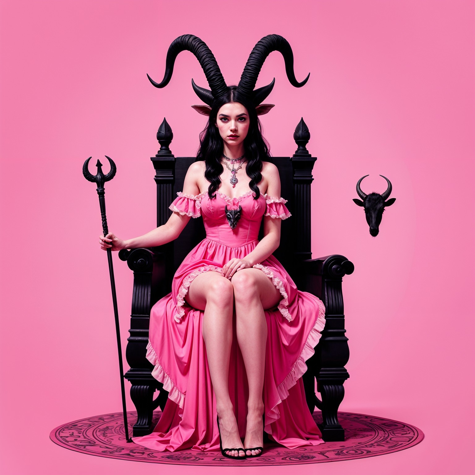Elegant Figure on Ornate Black Throne in Pink Dress