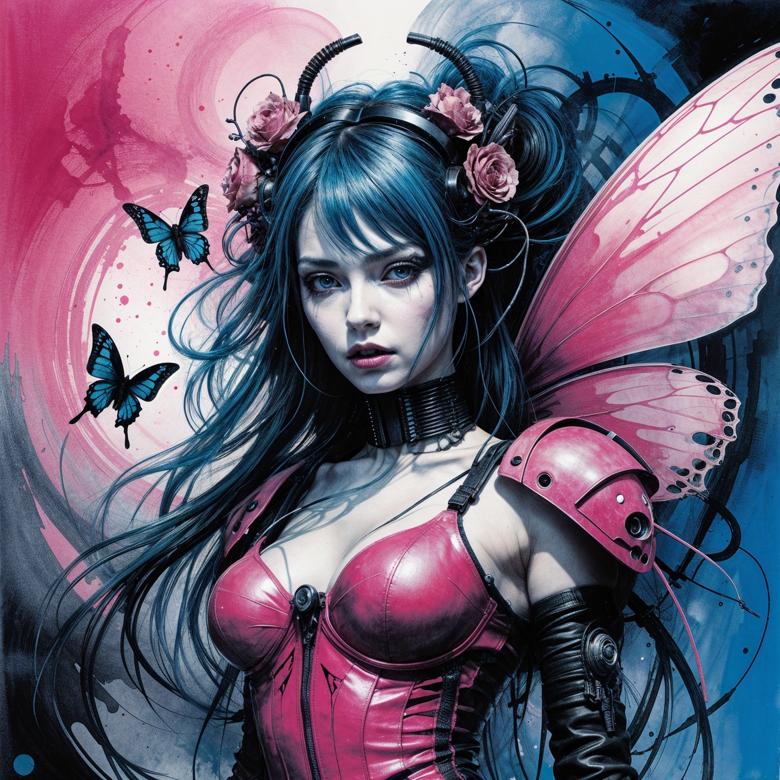 Female character with blue hair and butterfly accessories