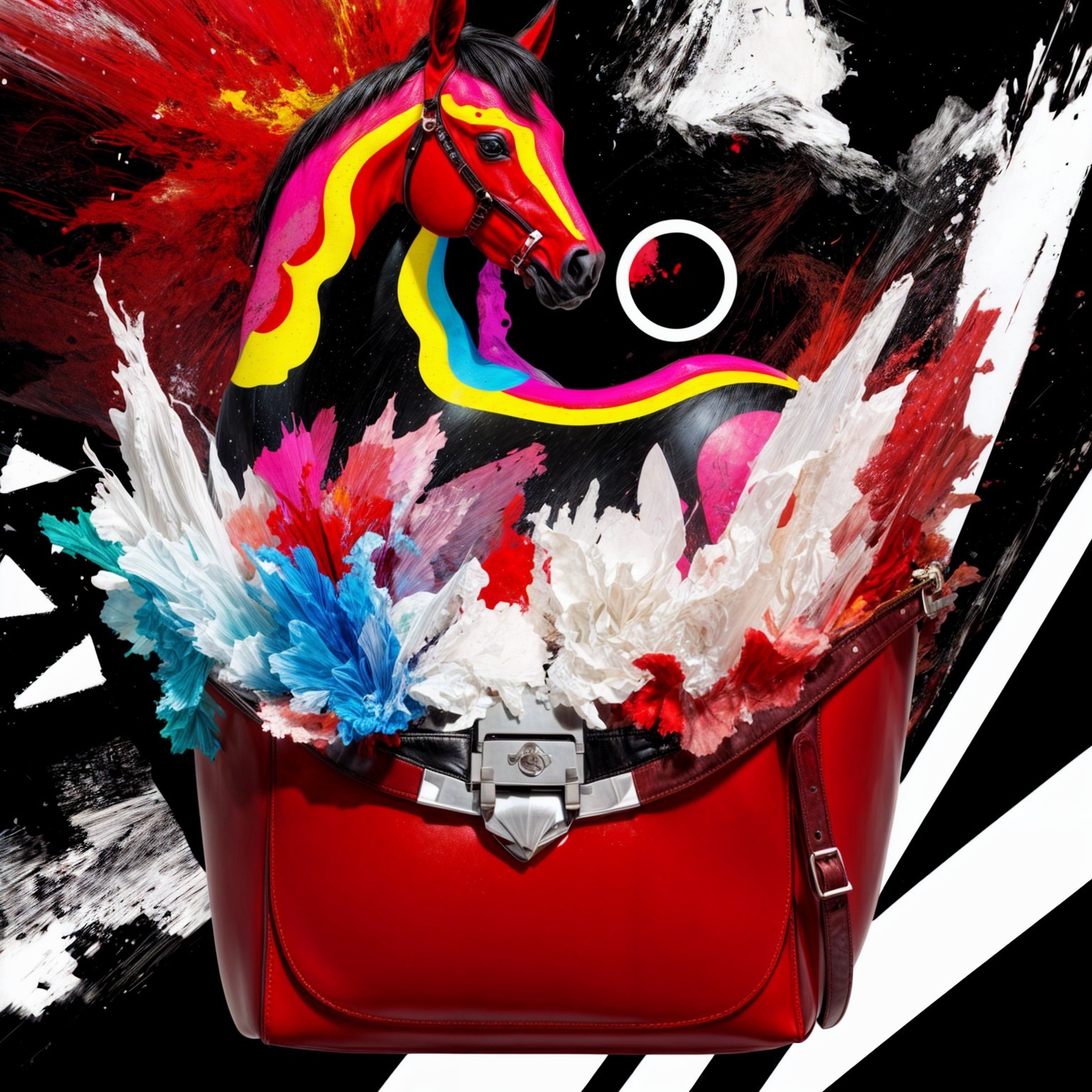 Vibrant Red Handbag with Colorful Horse Design
