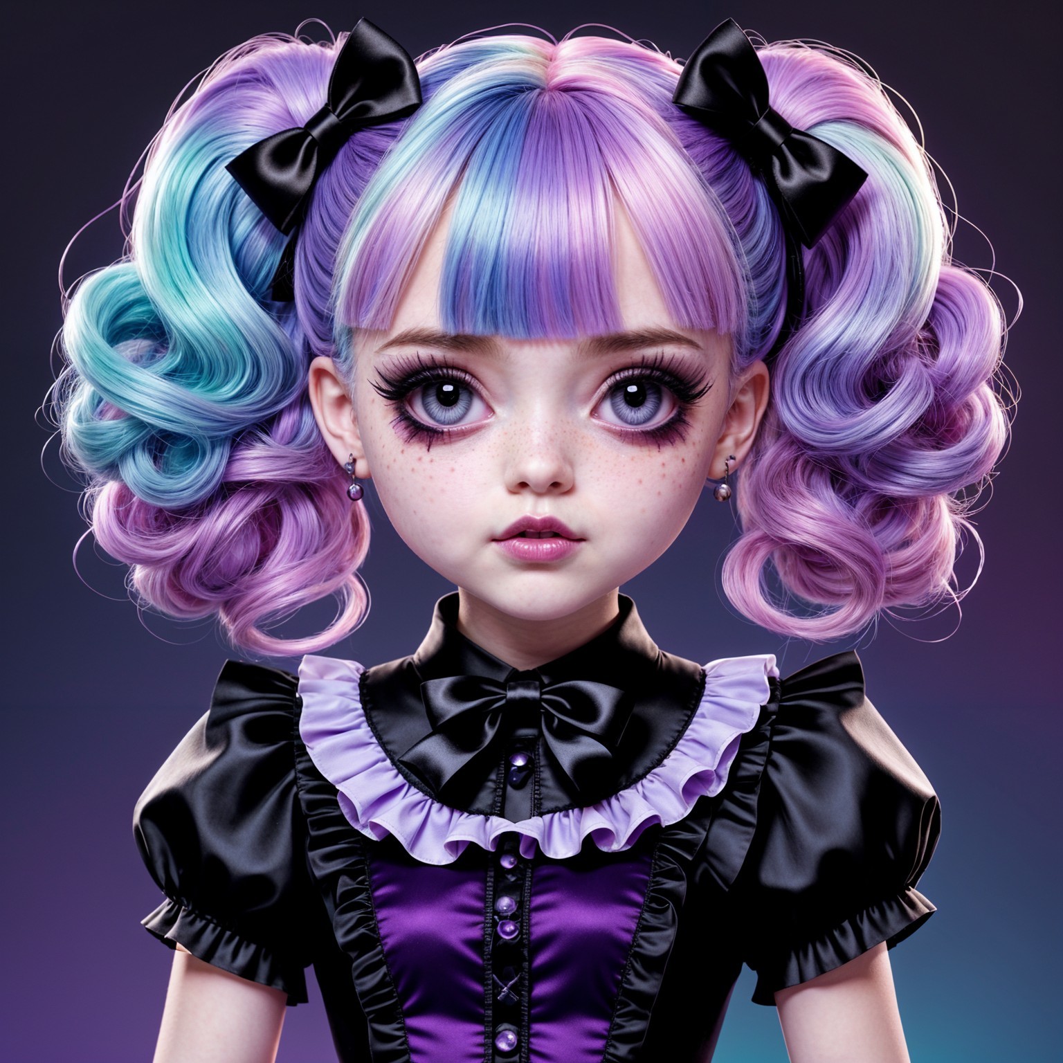 Stylized Doll Figure with Pastel Hair and Gothic Outfit