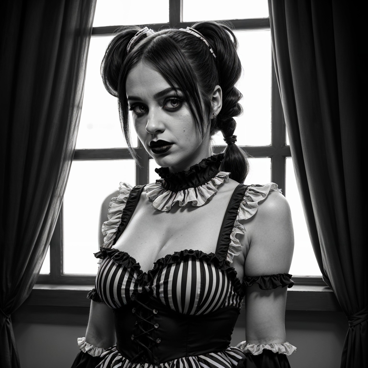 Young Woman in Vintage Striped Dress by Window