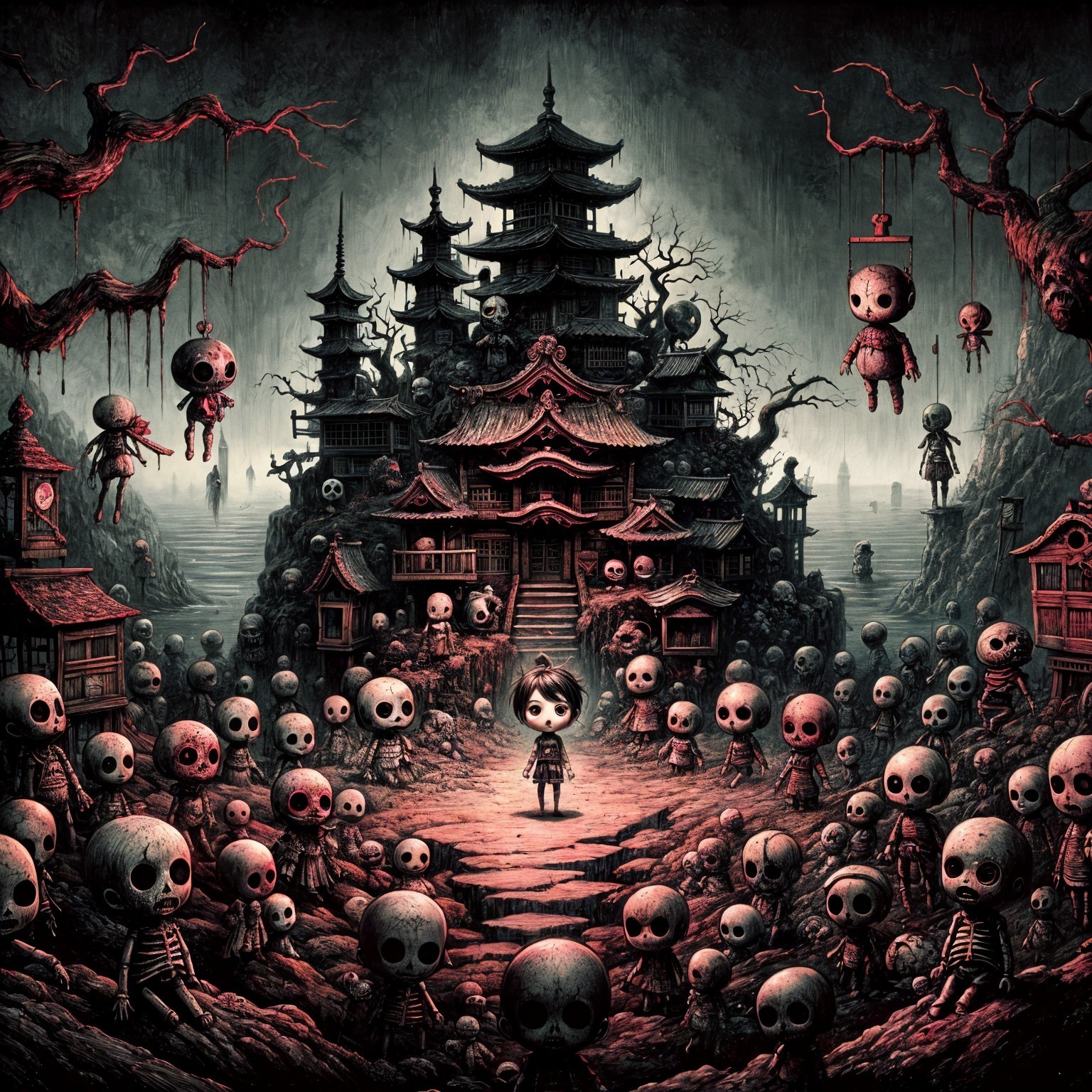 Eerie Landscape with Skeletal Figures and Ancient Temple